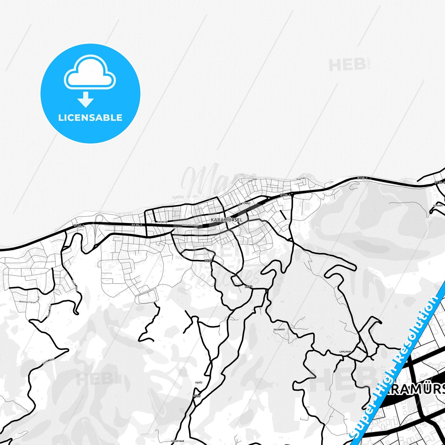 Karamürsel, Turkey Light Map with Street Names, City Names, and Districts