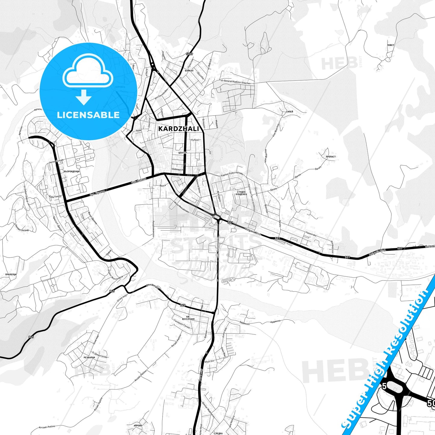 Kardzhali, Bulgaria Light Map with Street Names, City Names, and Districts