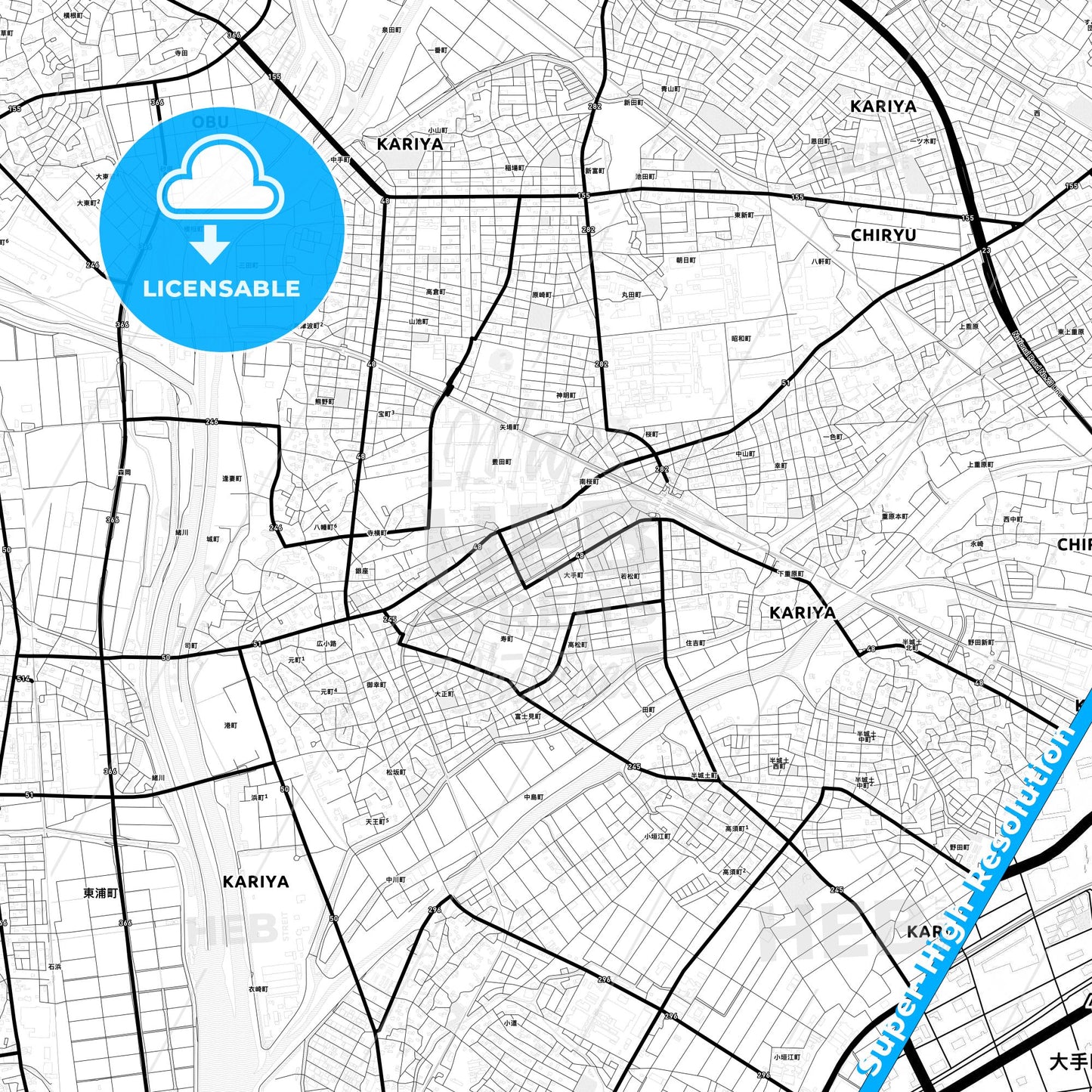 Kariya, Japan Light Map with Street Names, City Names, and Districts