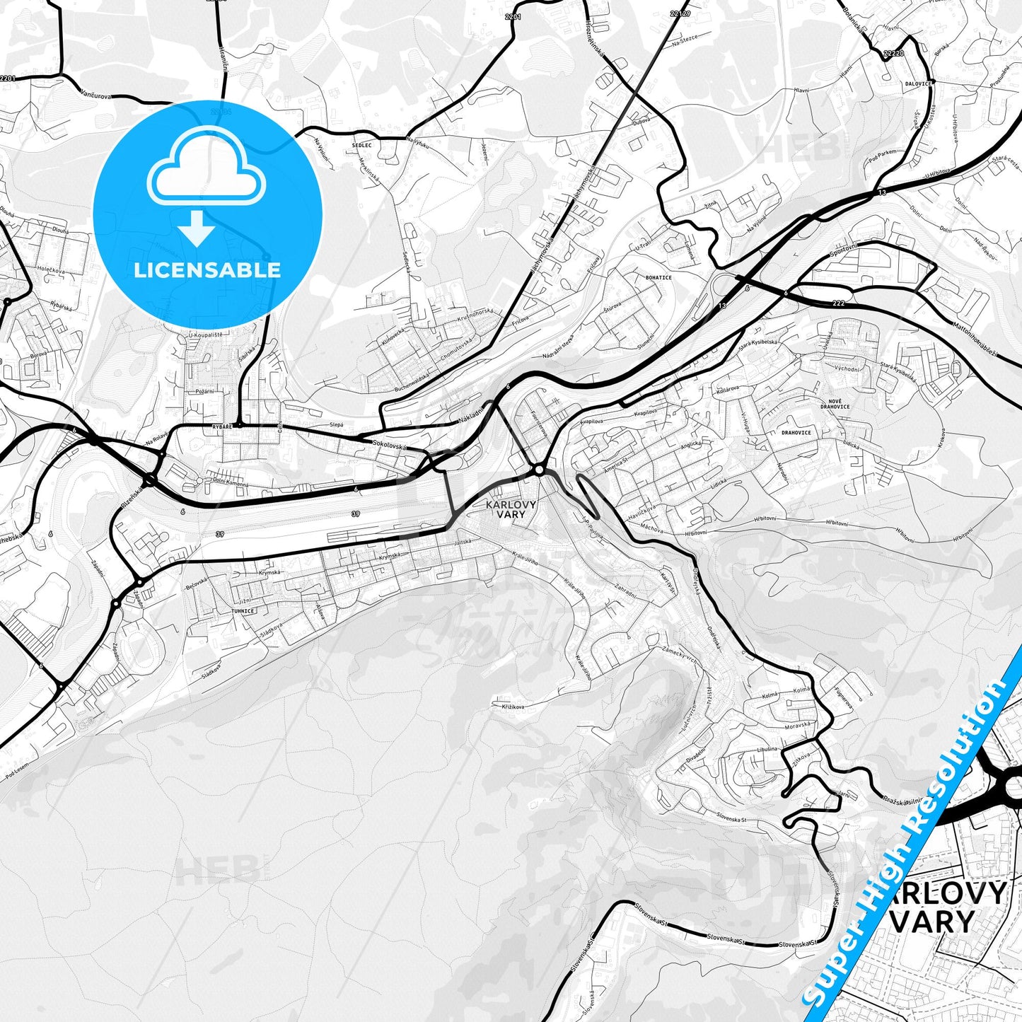 Karlovy Vary, Czechia Light Map with Street Names, City Names, and Districts
