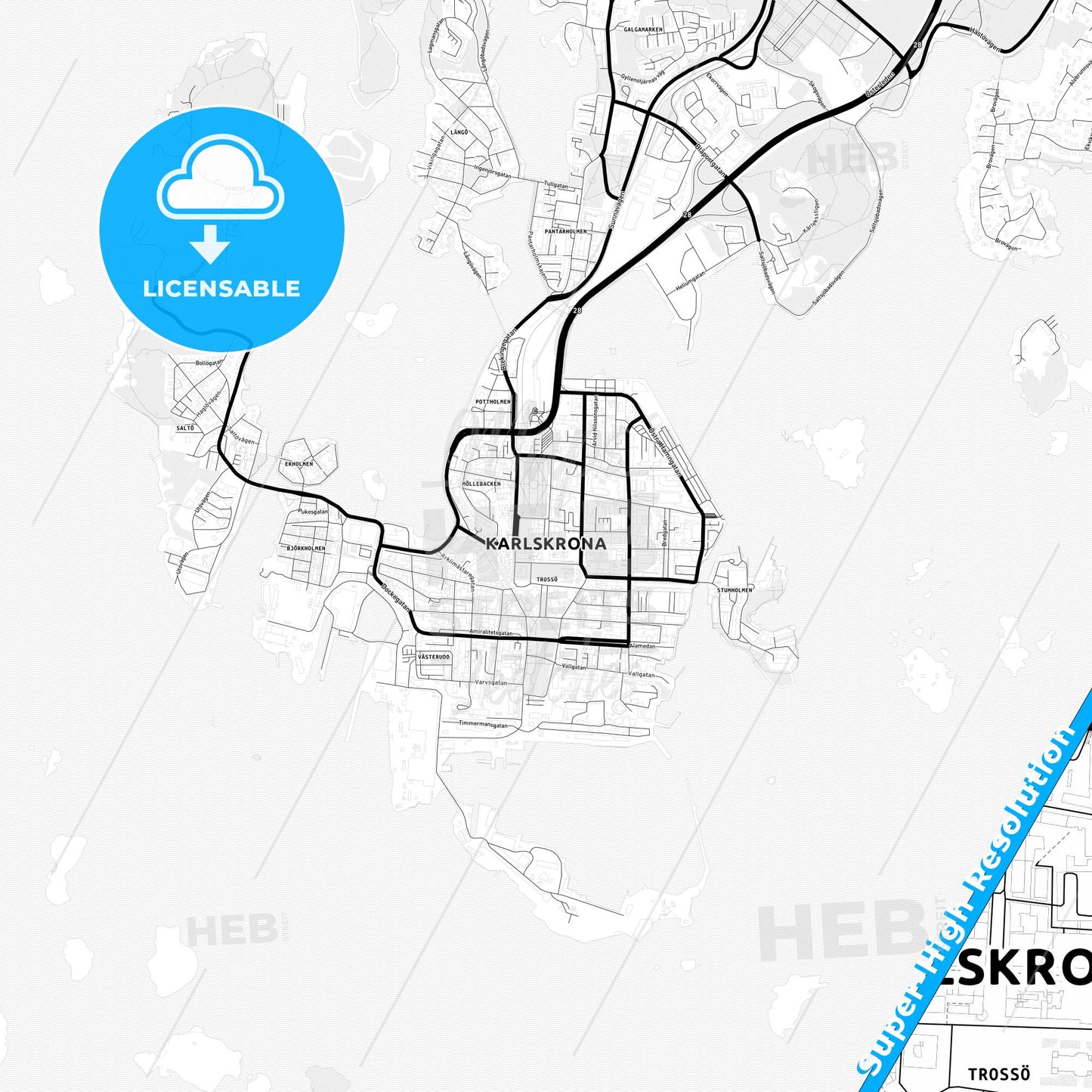 Karlskrona, Sweden Light Map with Street Names, City Names, and Districts