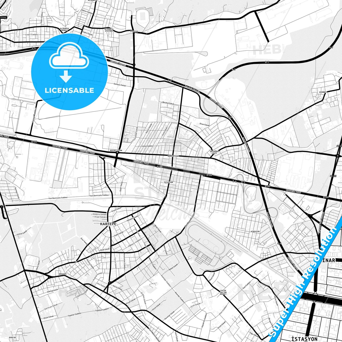 Kartepe, Turkey Light Map with Street Names, City Names, and Districts