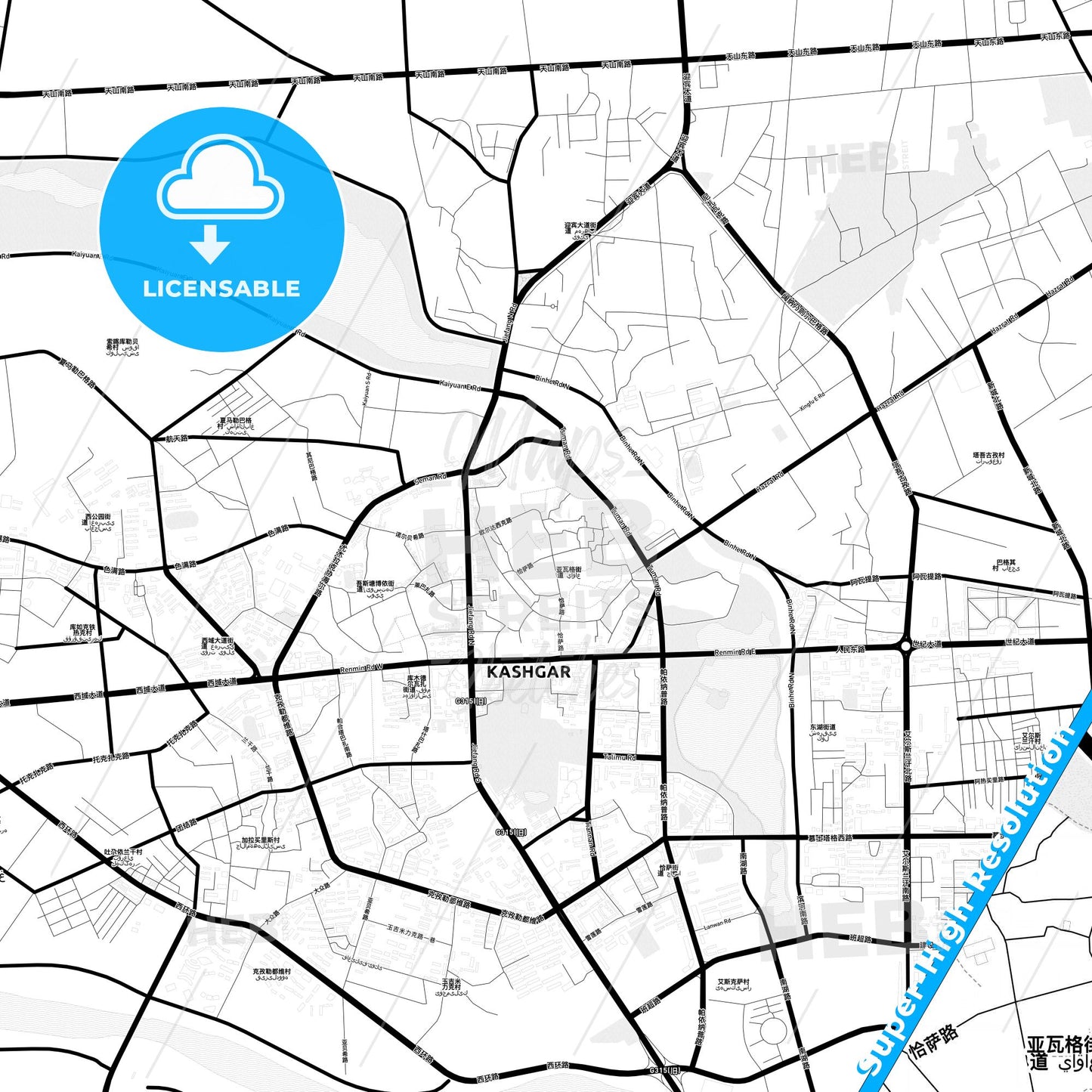 Kashgar, China Light Map with Street Names, City Names, and Districts