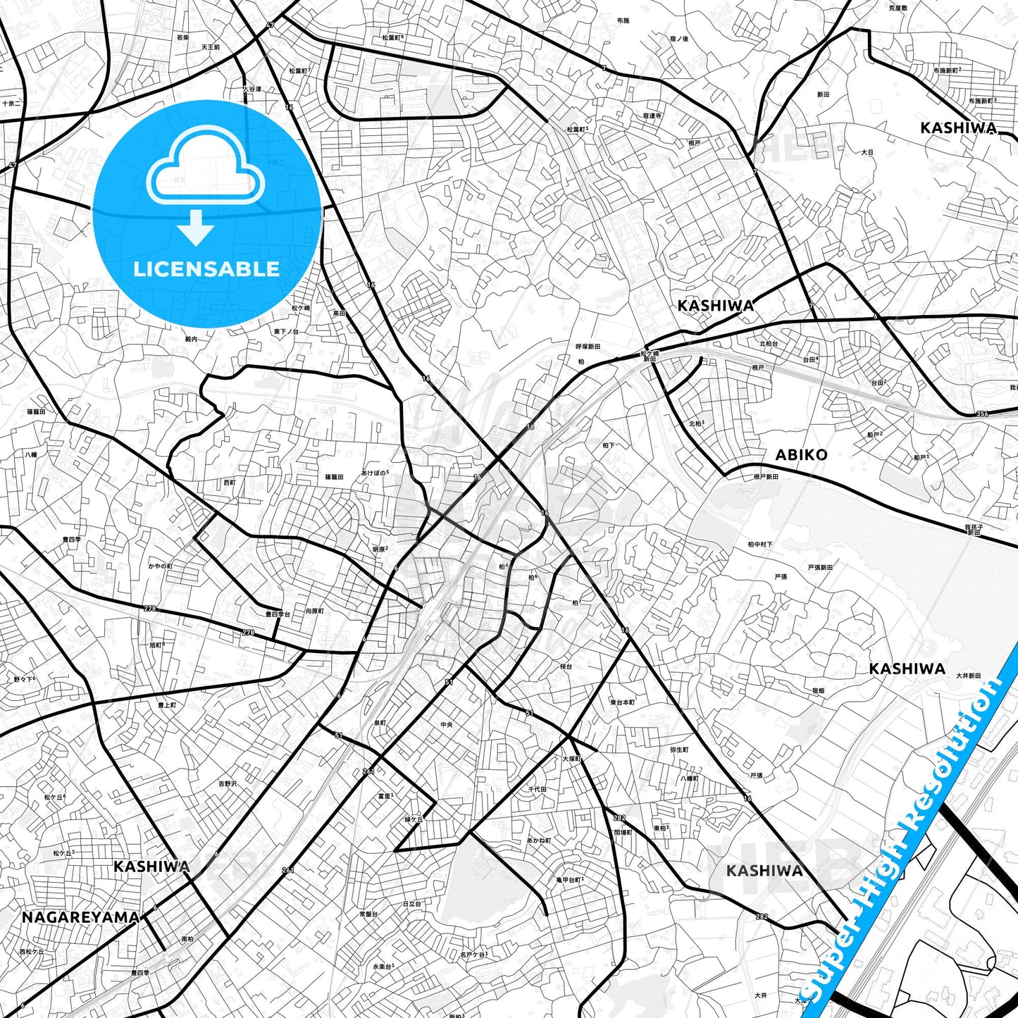 Kashiwa, Japan Light Map with Street Names, City Names, and Districts
