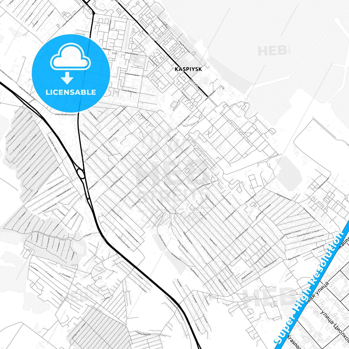 Kaspiysk, Russia Light Map with Street Names, City Names, and Districts