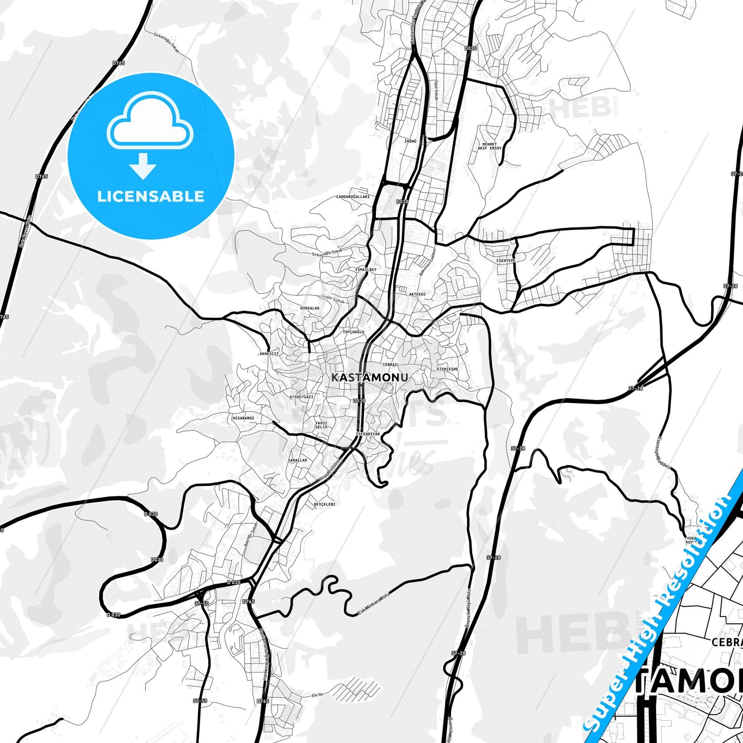 Kastamonu, Turkey Light Map with Street Names, City Names, and Districts