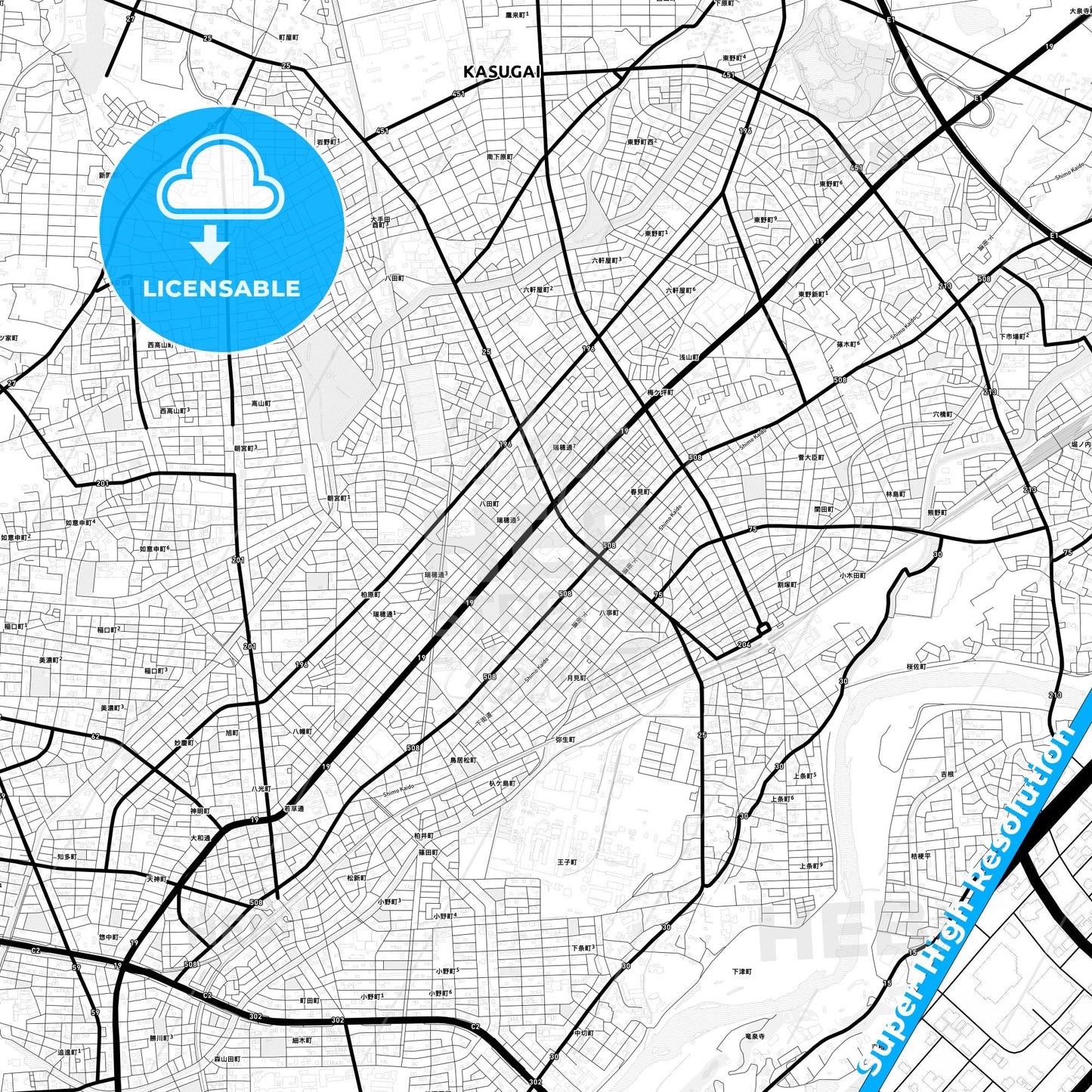 Kasugai, Japan Light Map with Street Names, City Names, and Districts