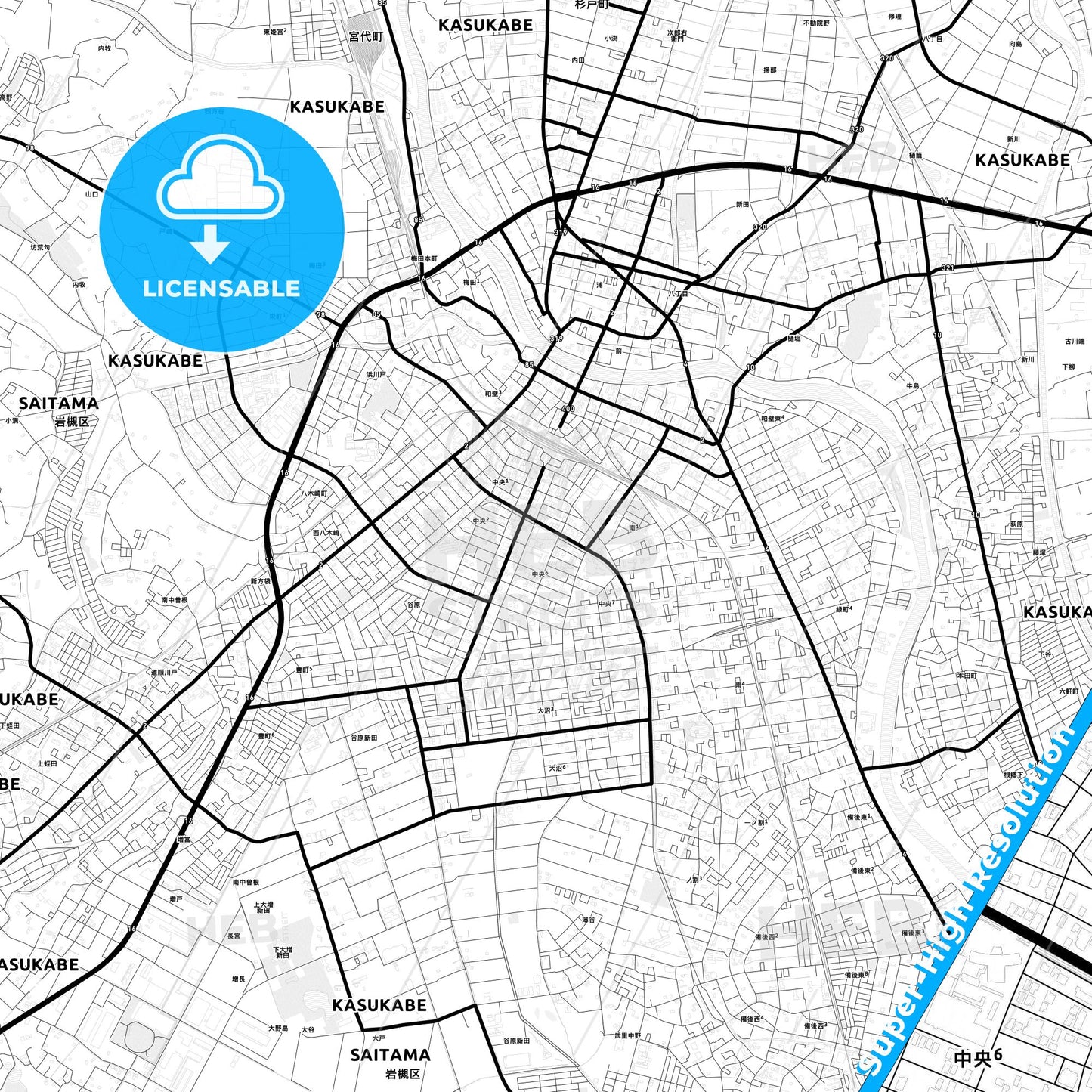 Kasukabe, Japan Light Map with Street Names, City Names, and Districts