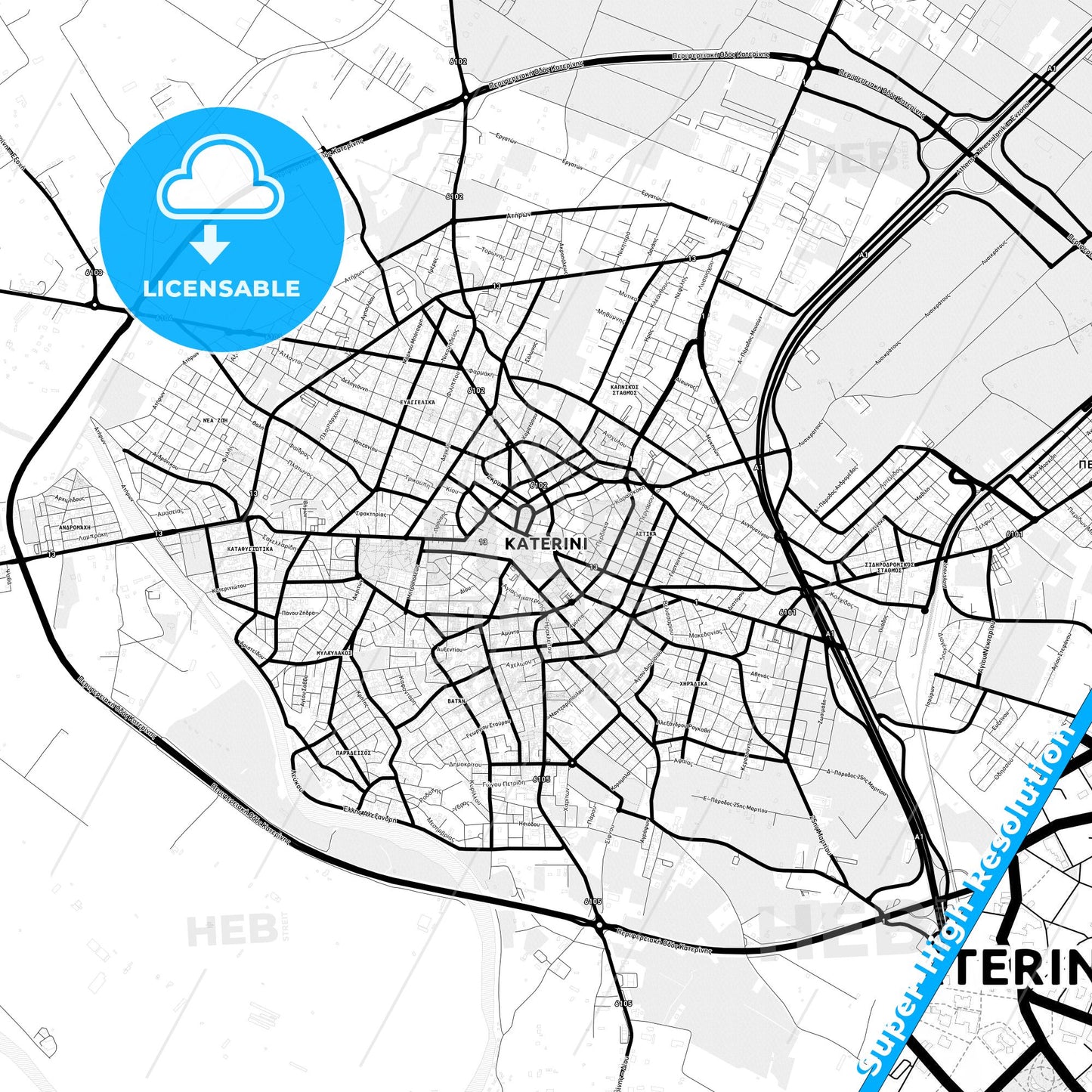 Katerini, Greece Light Map with Street Names, City Names, and Districts
