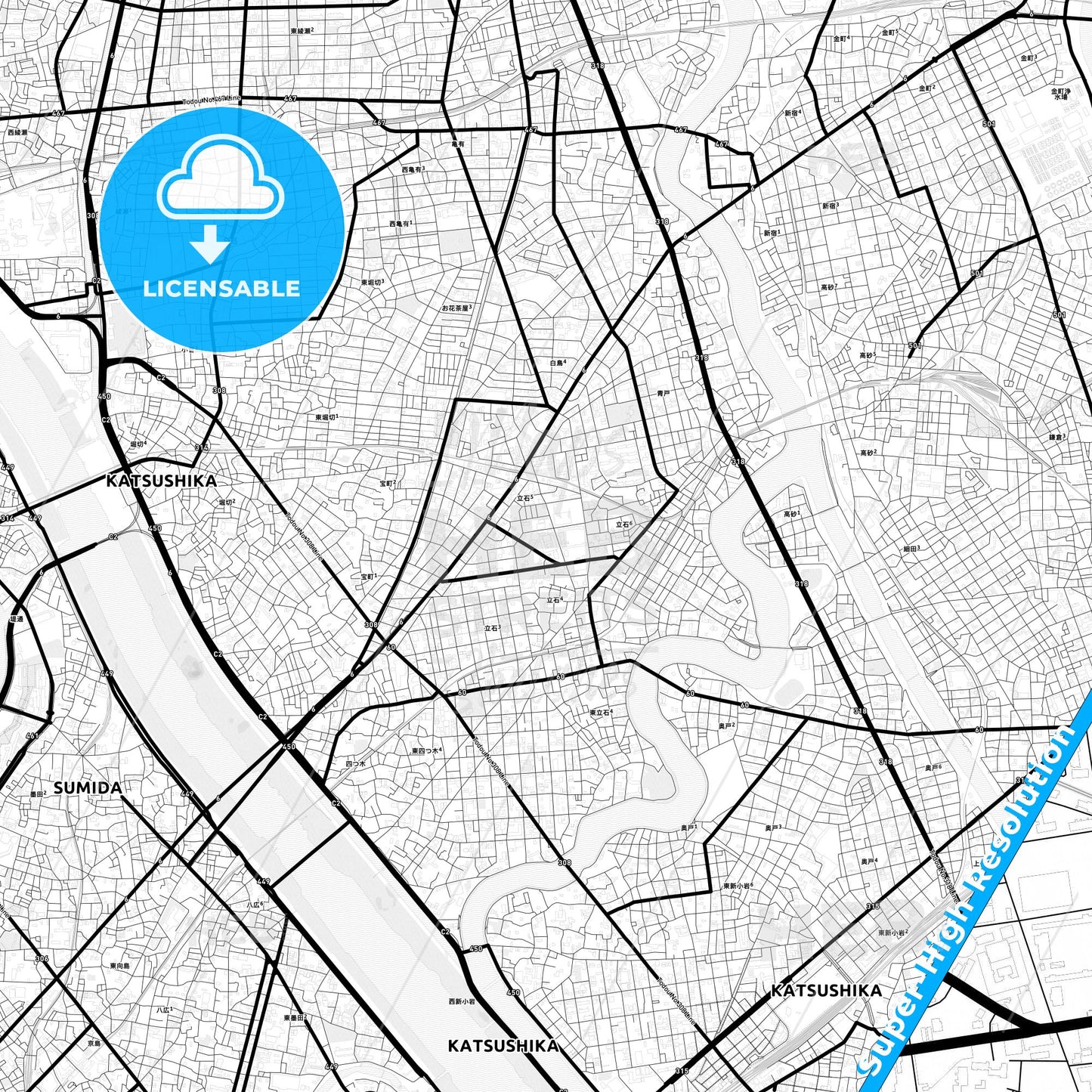 Katsushika, Japan Light Map with Street Names, City Names, and Districts