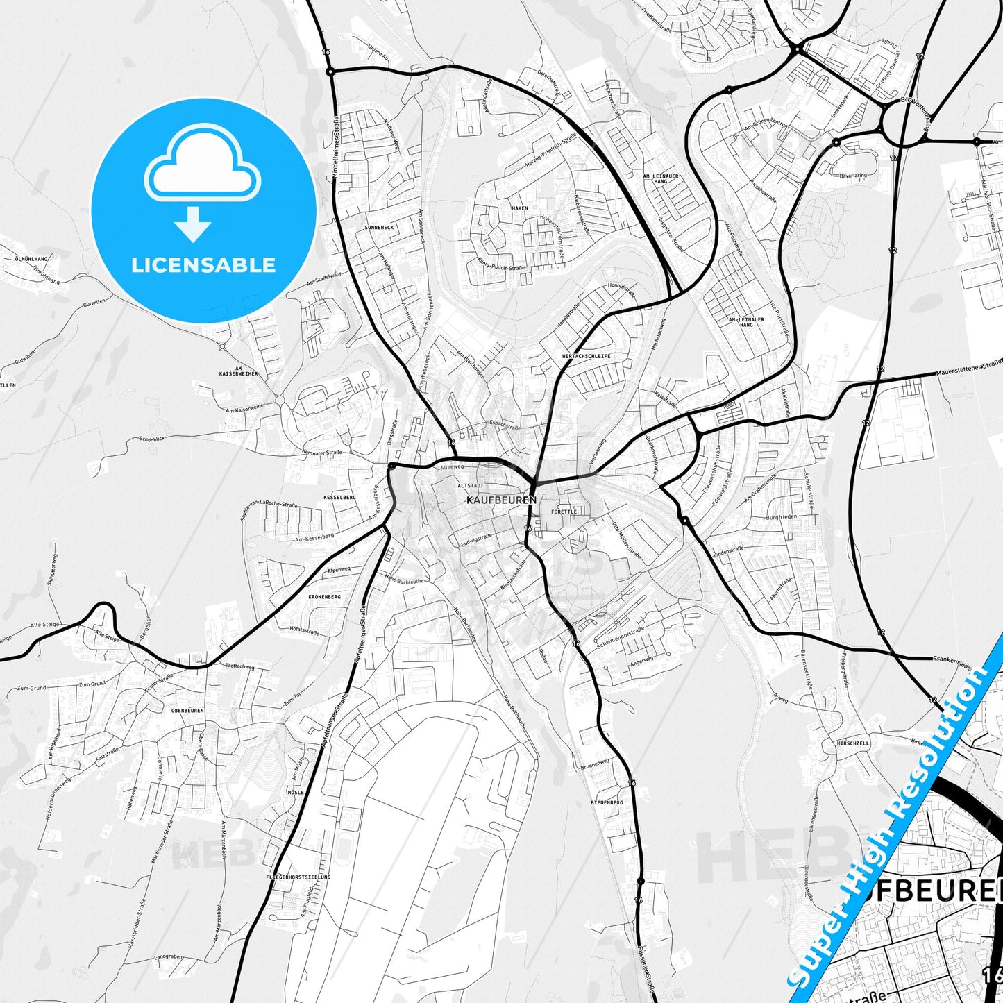 Kaufbeuren, Germany Light Map with Street Names, City Names, and Districts