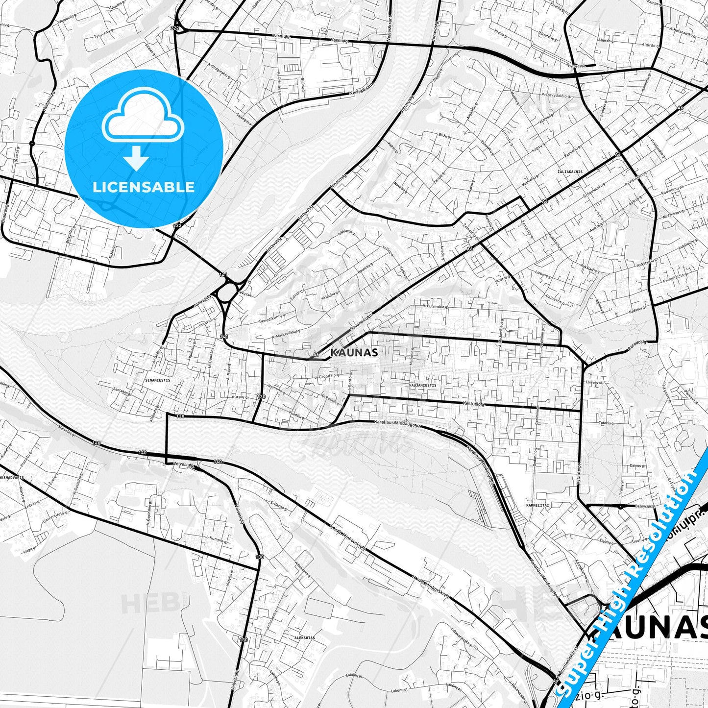Kaunas, Lithuania Light Map with Street Names, City Names, and Districts
