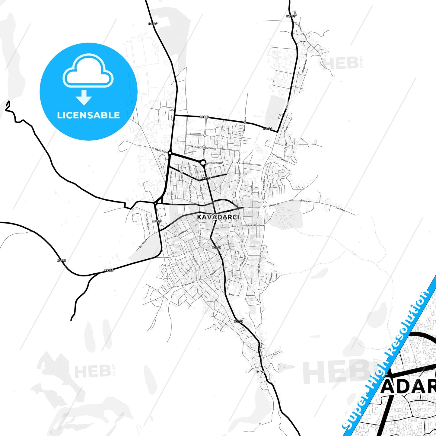 Kavadarci, North Macedonia Light Map with Street Names, City Names, and Districts