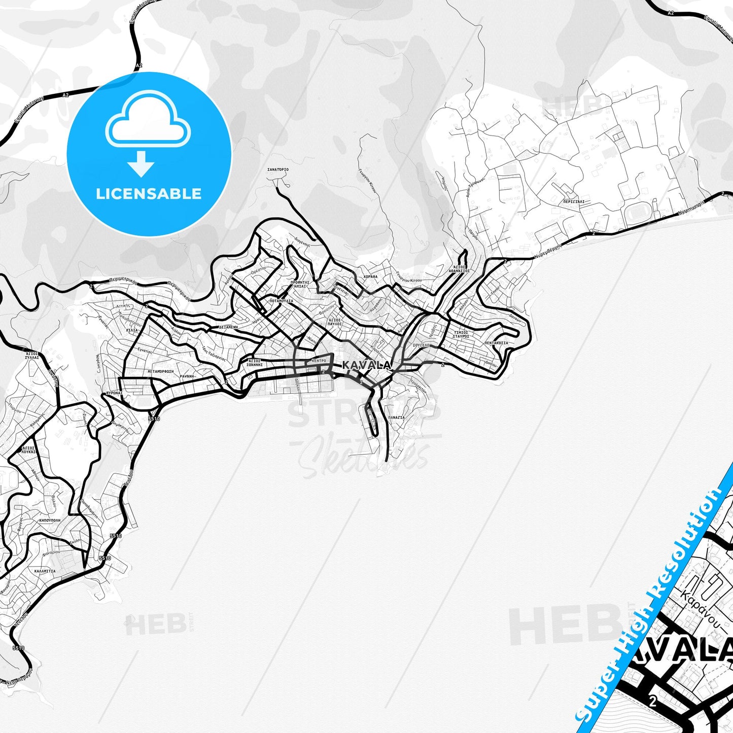 Kavala, Greece Light Map with Street Names, City Names, and Districts