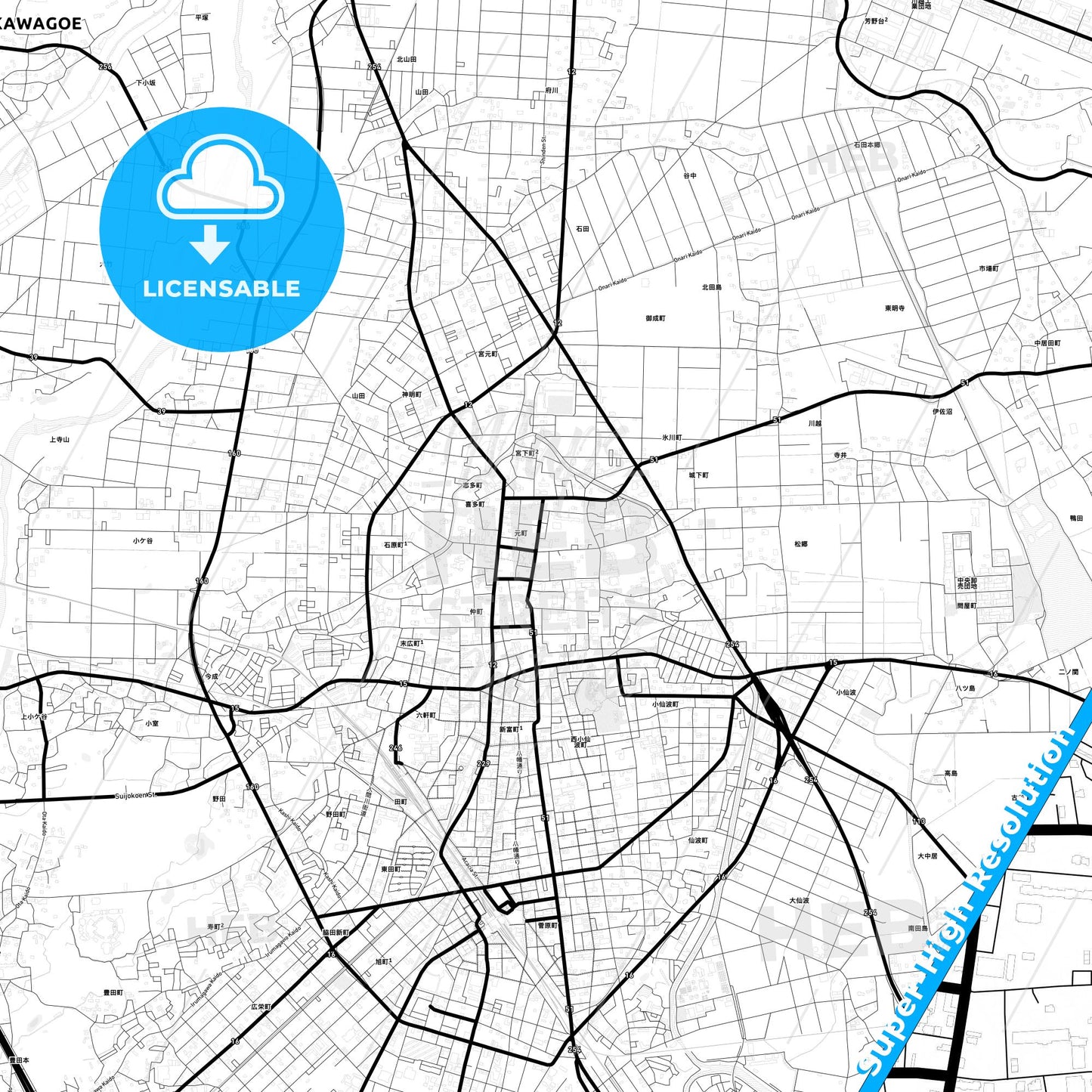 Kawagoe, Japan Light Map with Street Names, City Names, and Districts