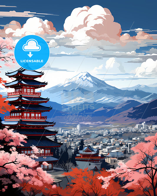 Colorful Japanese Pagoda and City Skyline Art Painting
