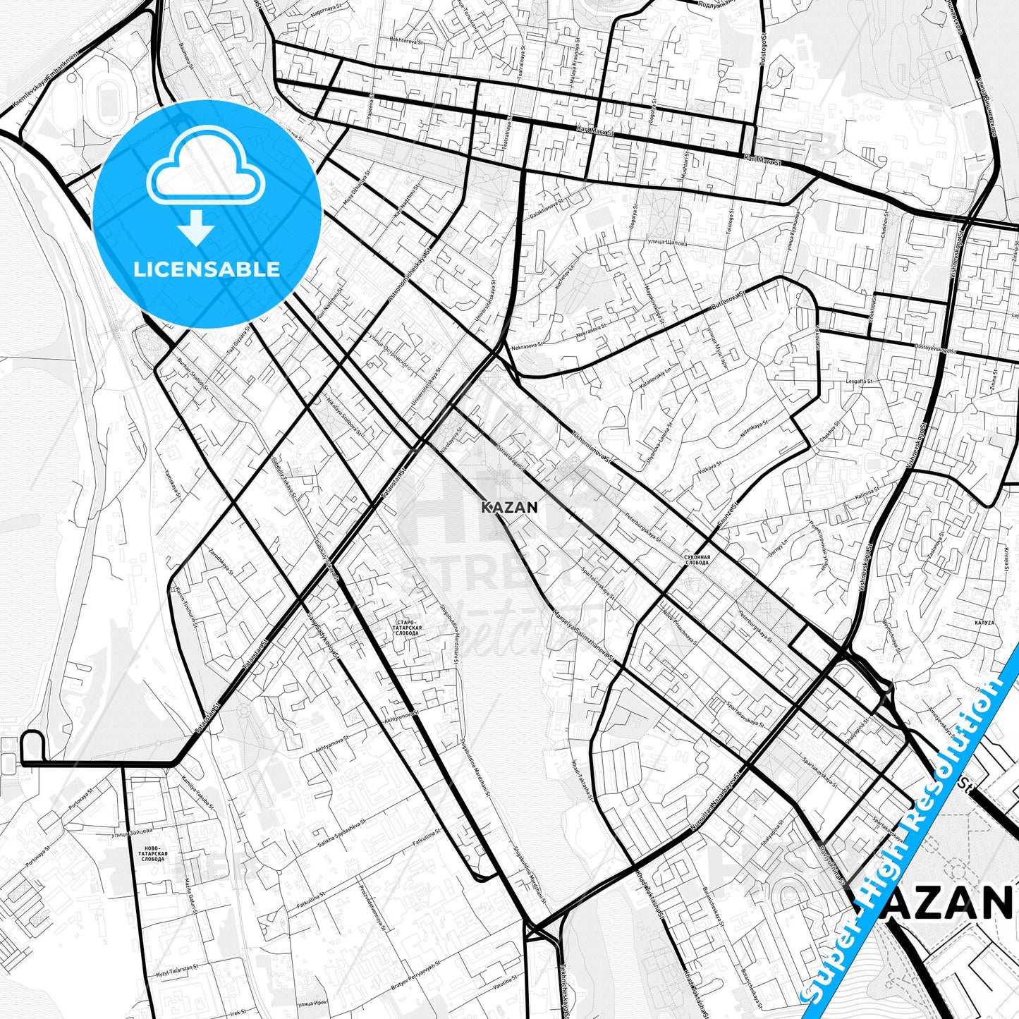 Kazan, Russia Light Map with Street Names, City Names, and Districts