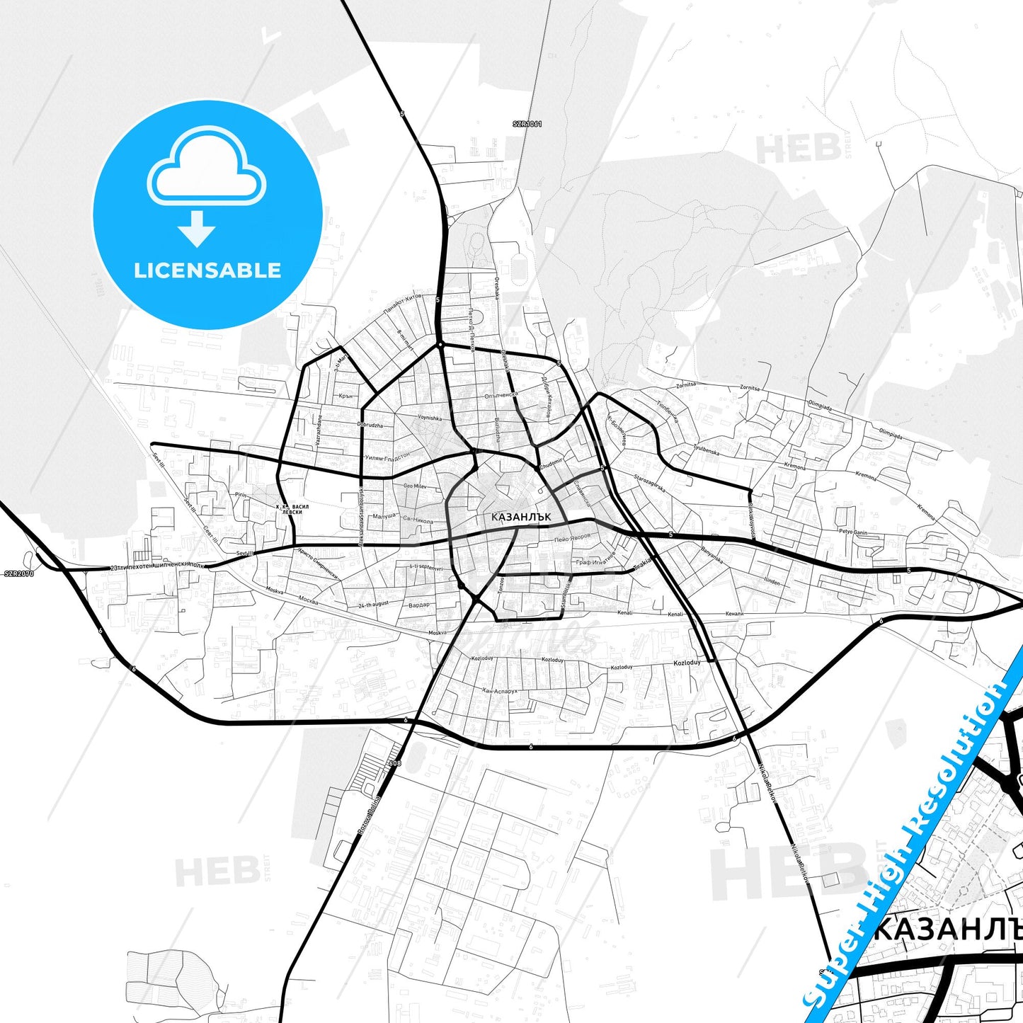 Kazanlak, Bulgaria Light Map with Street Names, City Names, and Districts