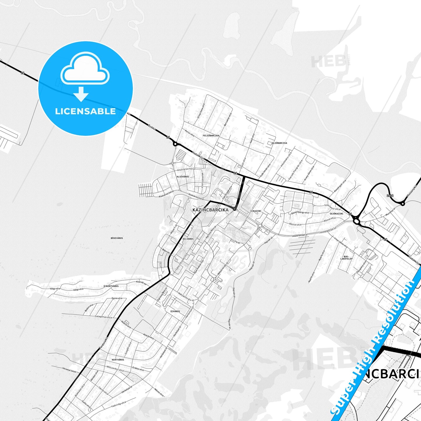 Kazincbarcika, Hungary Light Map with Street Names, City Names, and Districts