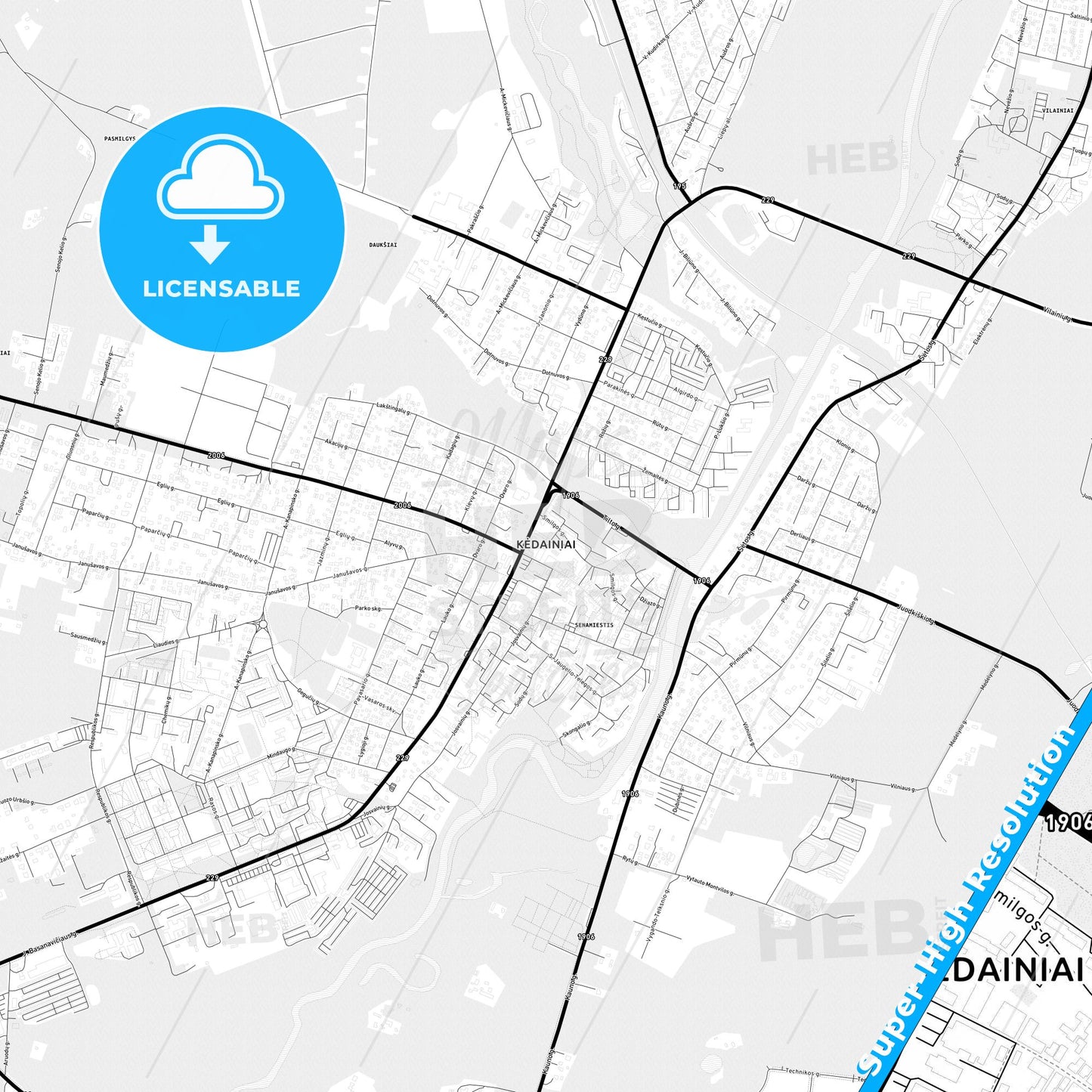 Kėdainiai, Lithuania Light Map with Street Names, City Names, and Districts