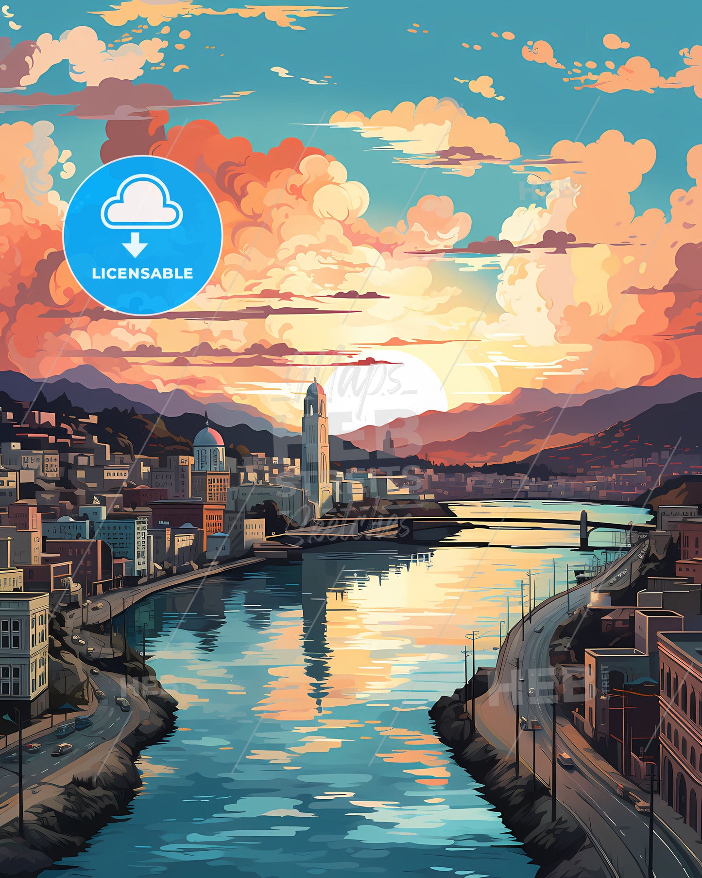 Painted Keelung Taiwan Cityscape with River and Buildings in Vibrant Colors