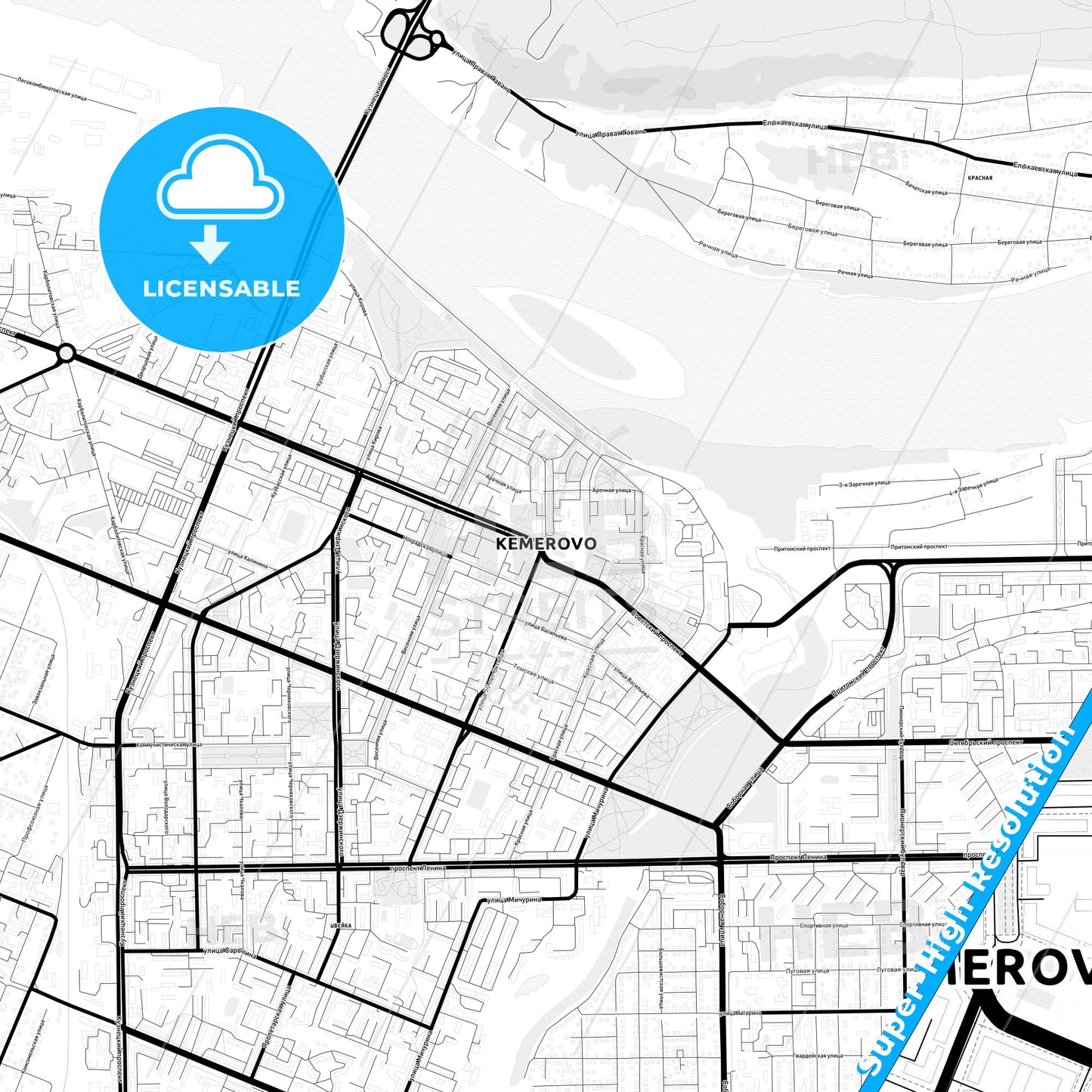 Kemerovo, Russia Light Map with Street Names, City Names, and Districts