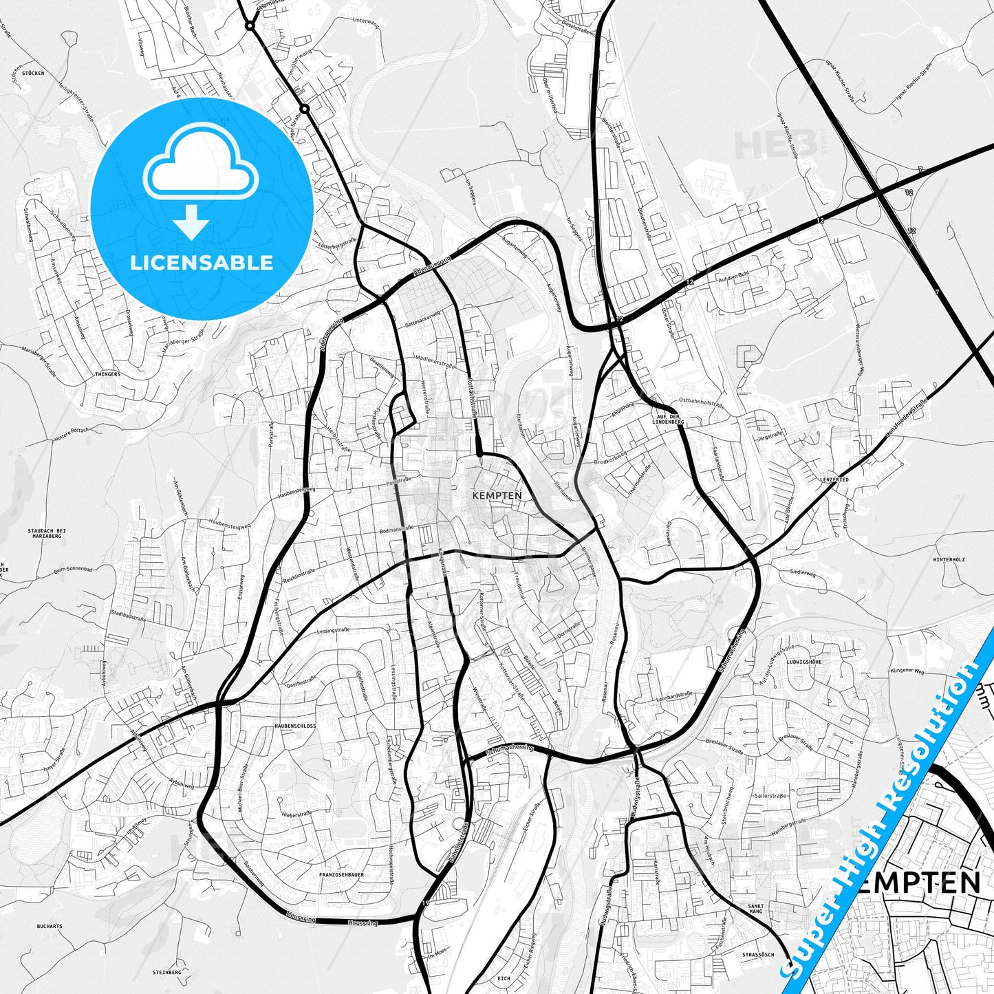 Kempten (Allgau), Germany Light Map with Street Names, City Names, and Districts