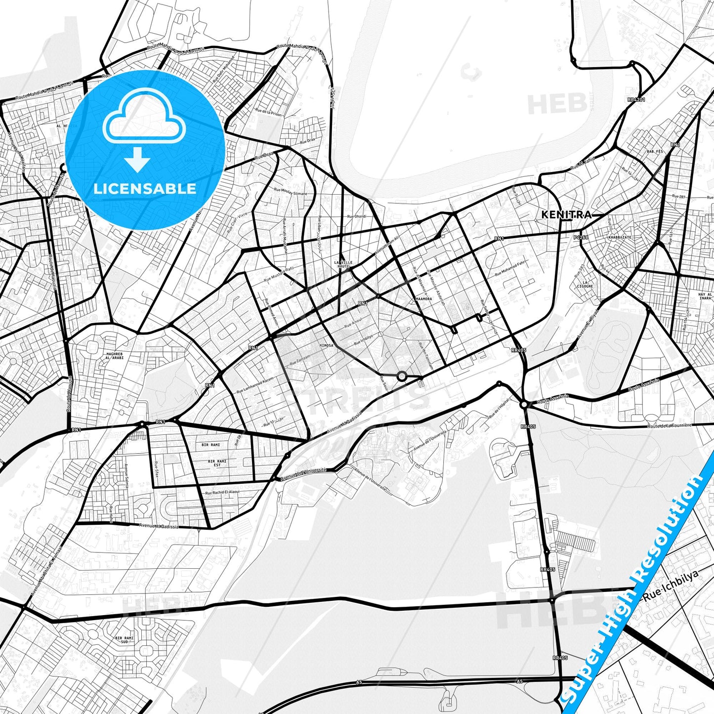 Kenitra, Morocco Light Map with Street Names, City Names, and Districts