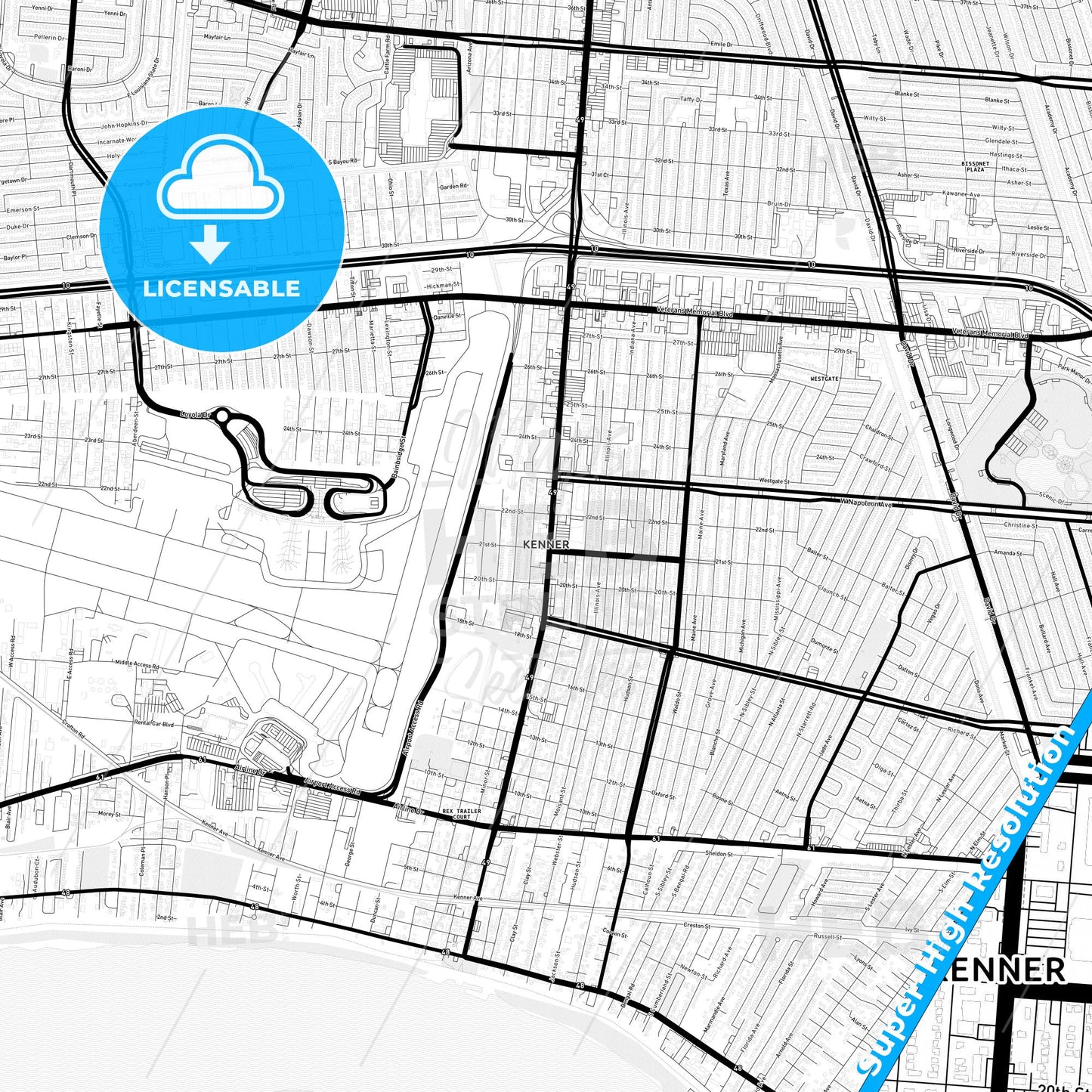 Kenner, Louisiana Light Map with Street Names, City Names, and Districts