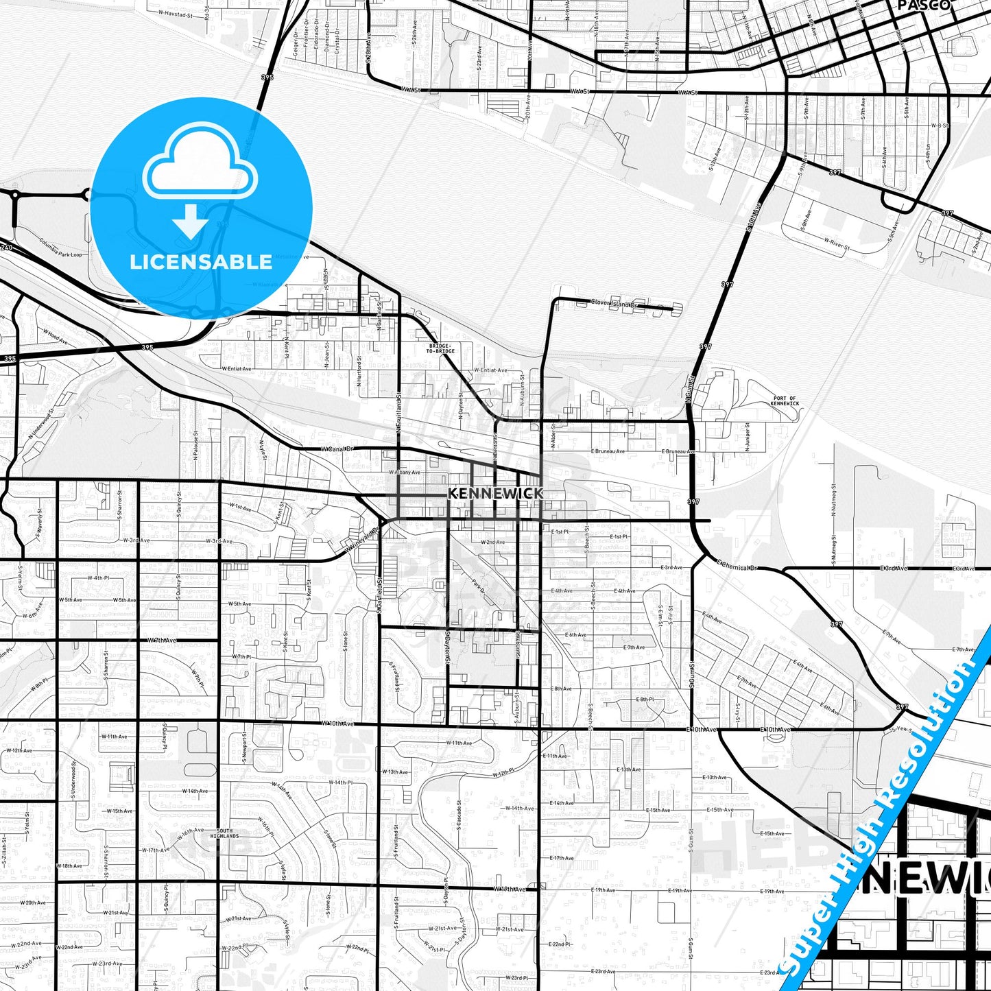 Kennewick, Washington Light Map with Street Names, City Names, and Districts