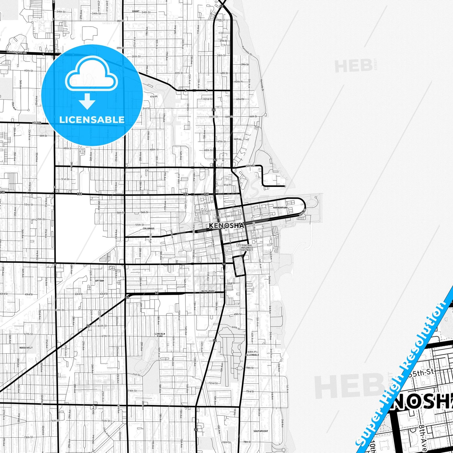 Kenosha, Wisconsin Light Map with Street Names, City Names, and Districts