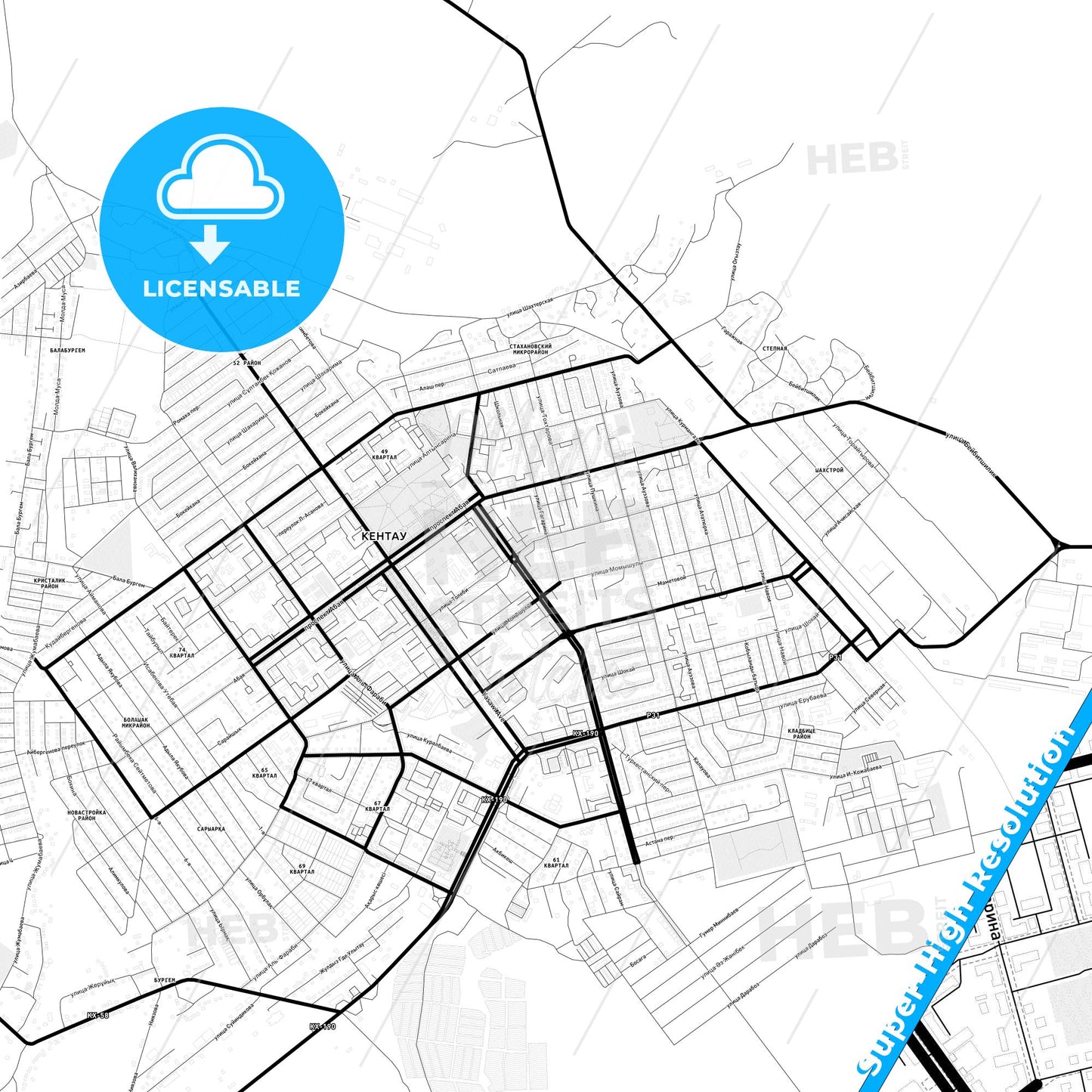 Kentau, Kazakhstan Light Map with Street Names, City Names, and Districts