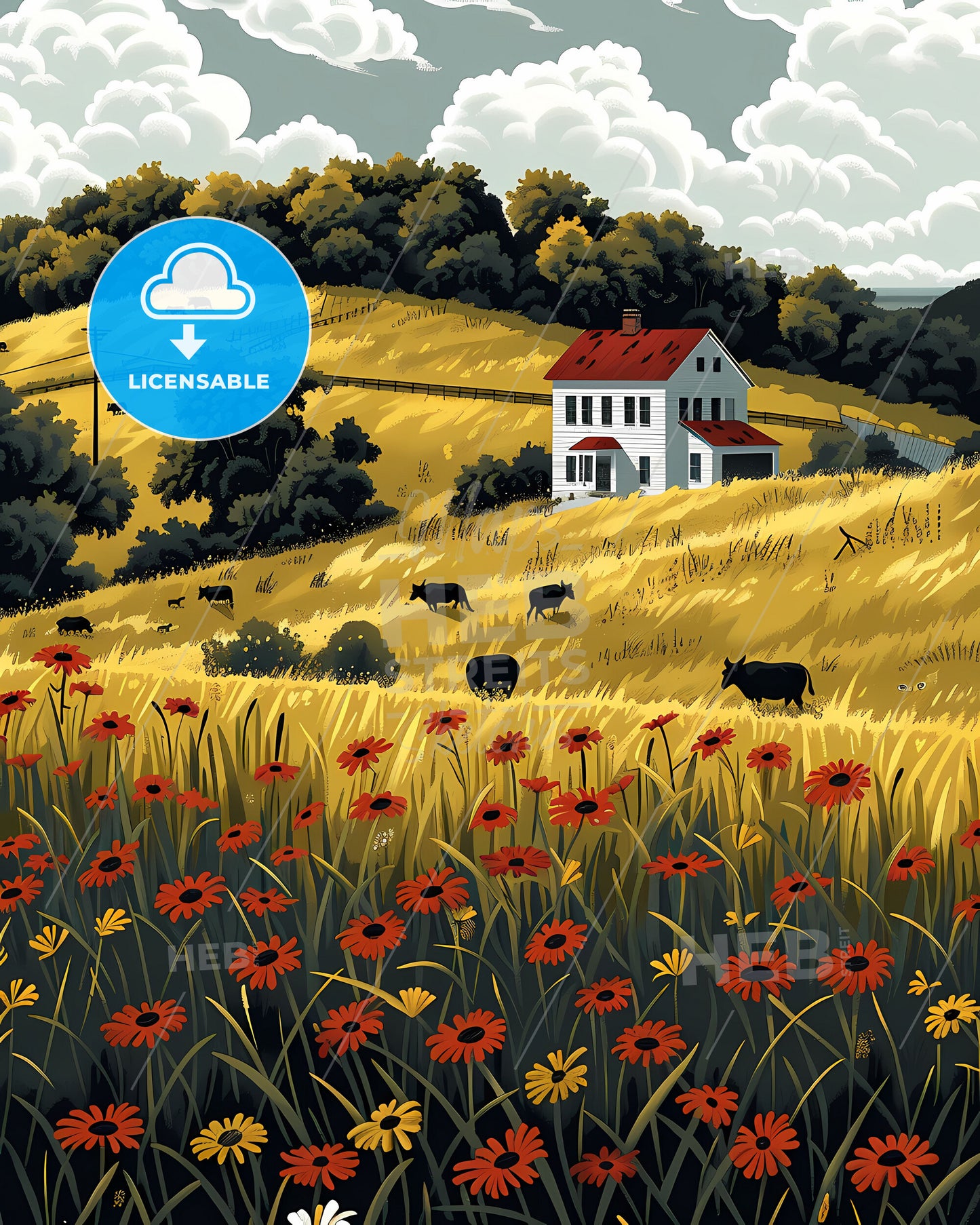 Vibrant Painting: Farm Landscape with Cows in Kentucky Fields, USA