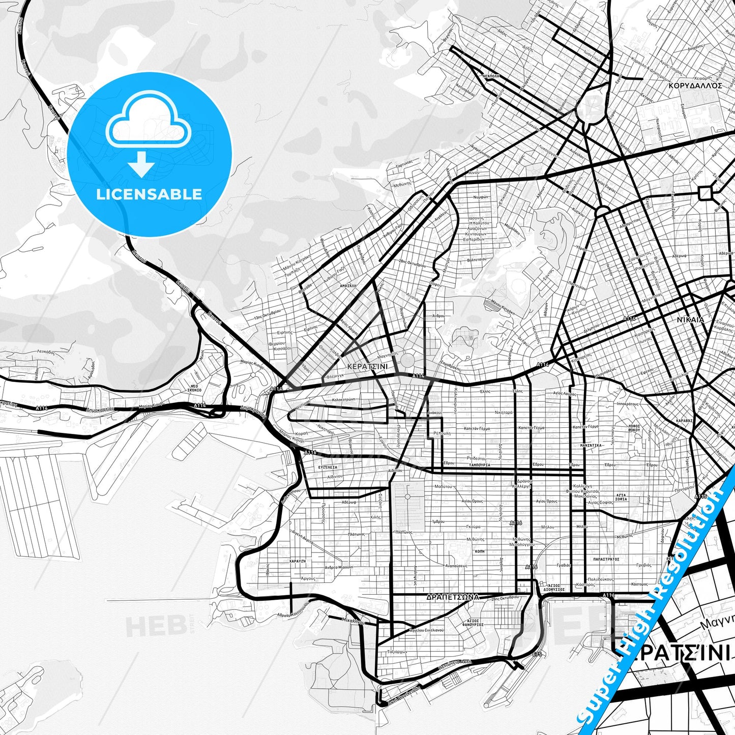 Keratsini, Greece Light Map with Street Names, City Names, and Districts