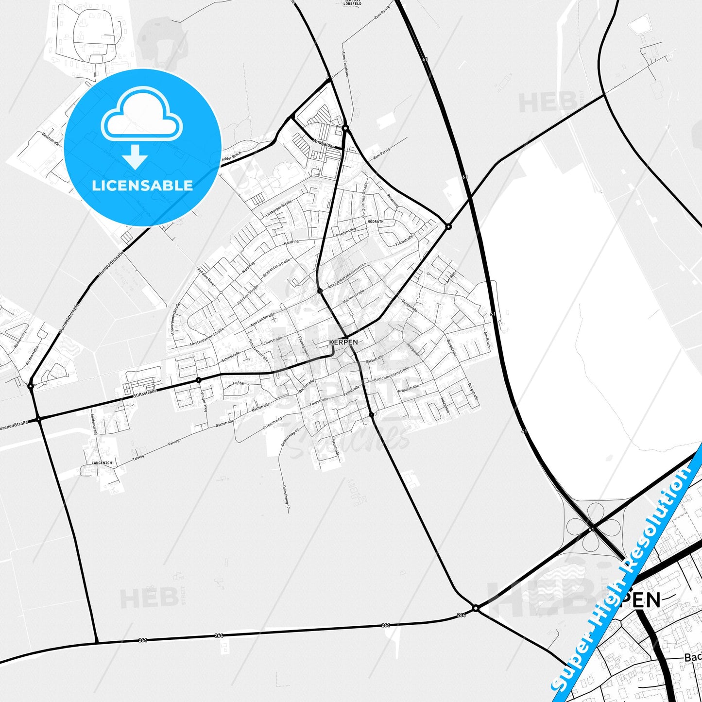 Kerpen, Germany Light Map with Street Names, City Names, and Districts
