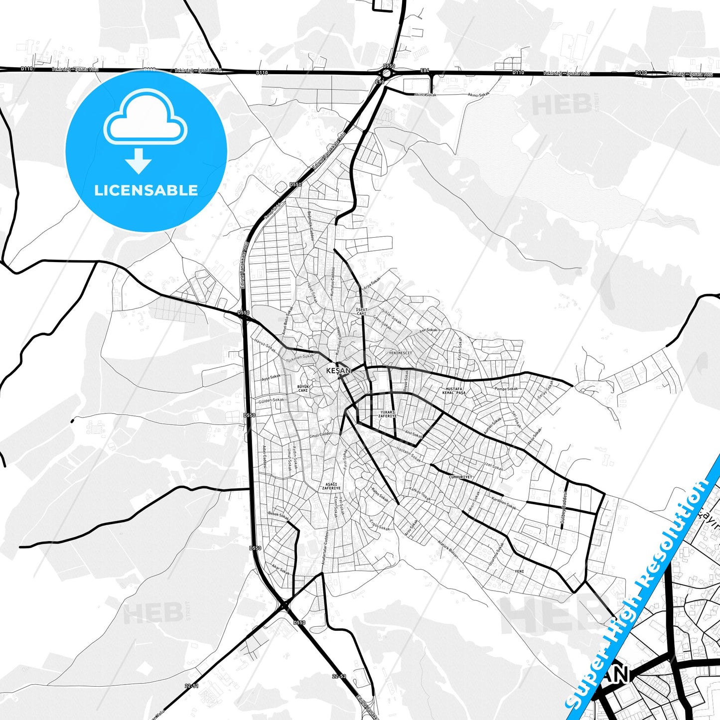 Keşan, Turkey Light Map with Street Names, City Names, and Districts