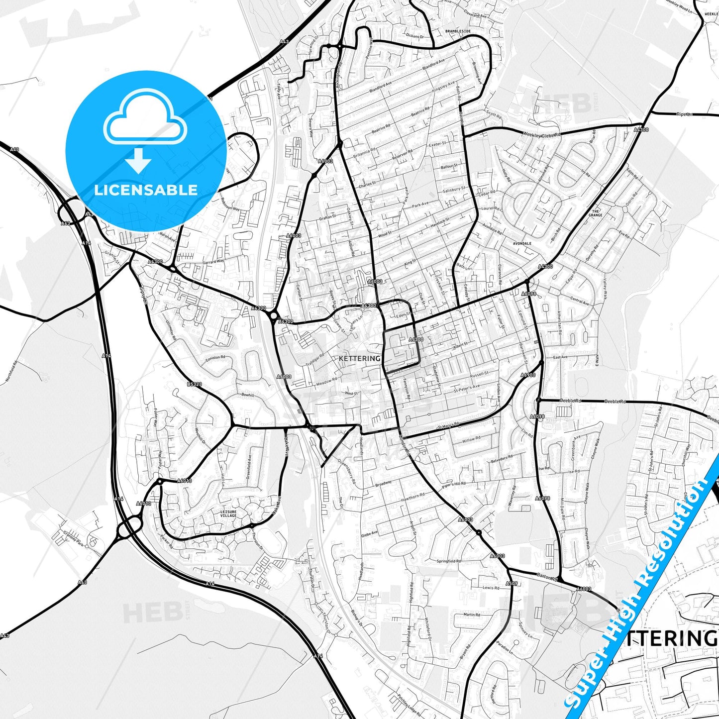 Kettering, England Light Map with Street Names, City Names, and Districts