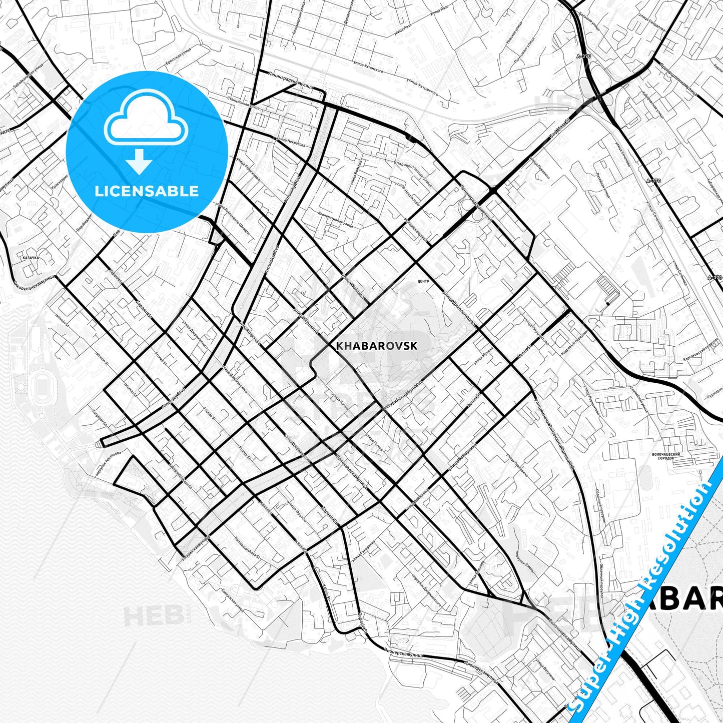 Khabarovsk, Russia Light Map with Street Names, City Names, and Districts