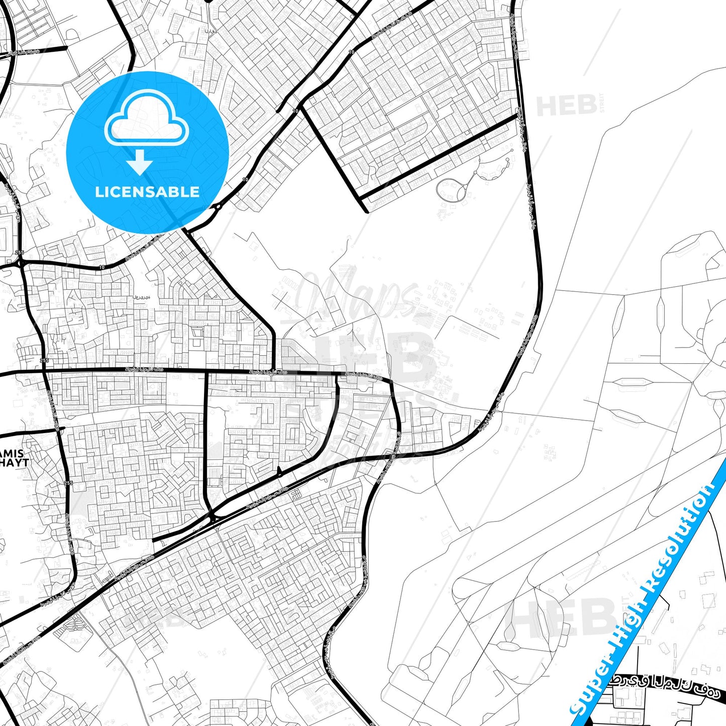 Khamis Mushayt, Saudi Arabia Light Map with Street Names, City Names, and Districts