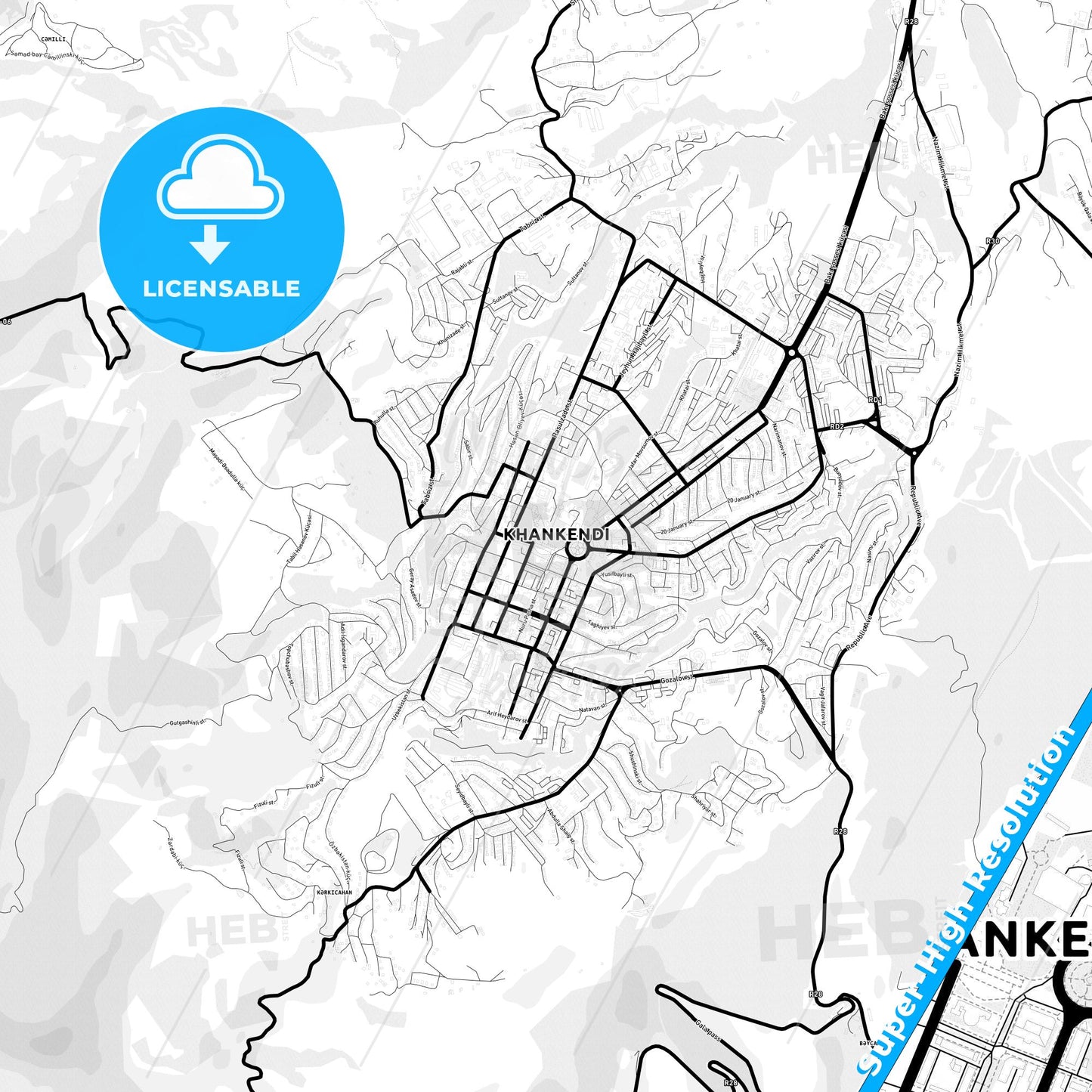 Khankendi, Azerbaijan Light Map with Street Names, City Names, and Districts
