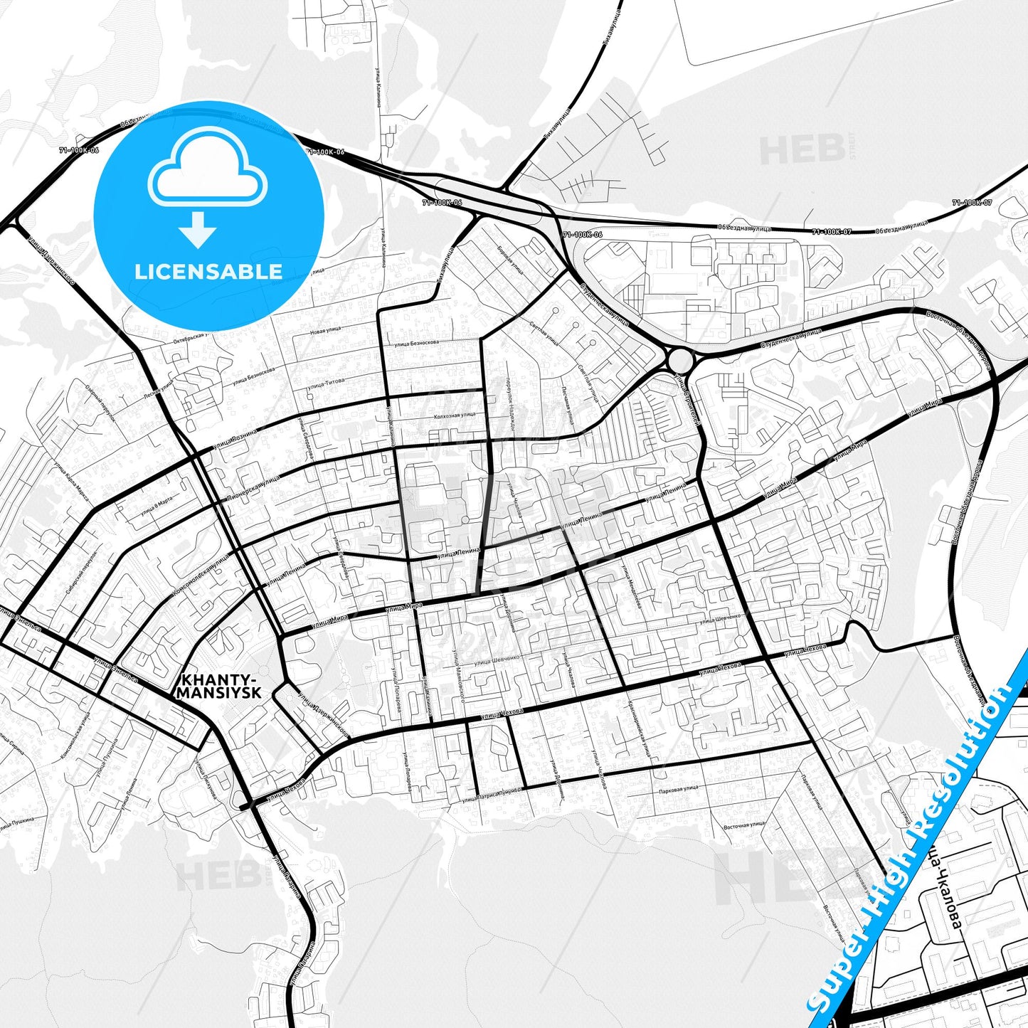 Khanty-Mansiysk, Russia Light Map with Street Names, City Names, and Districts