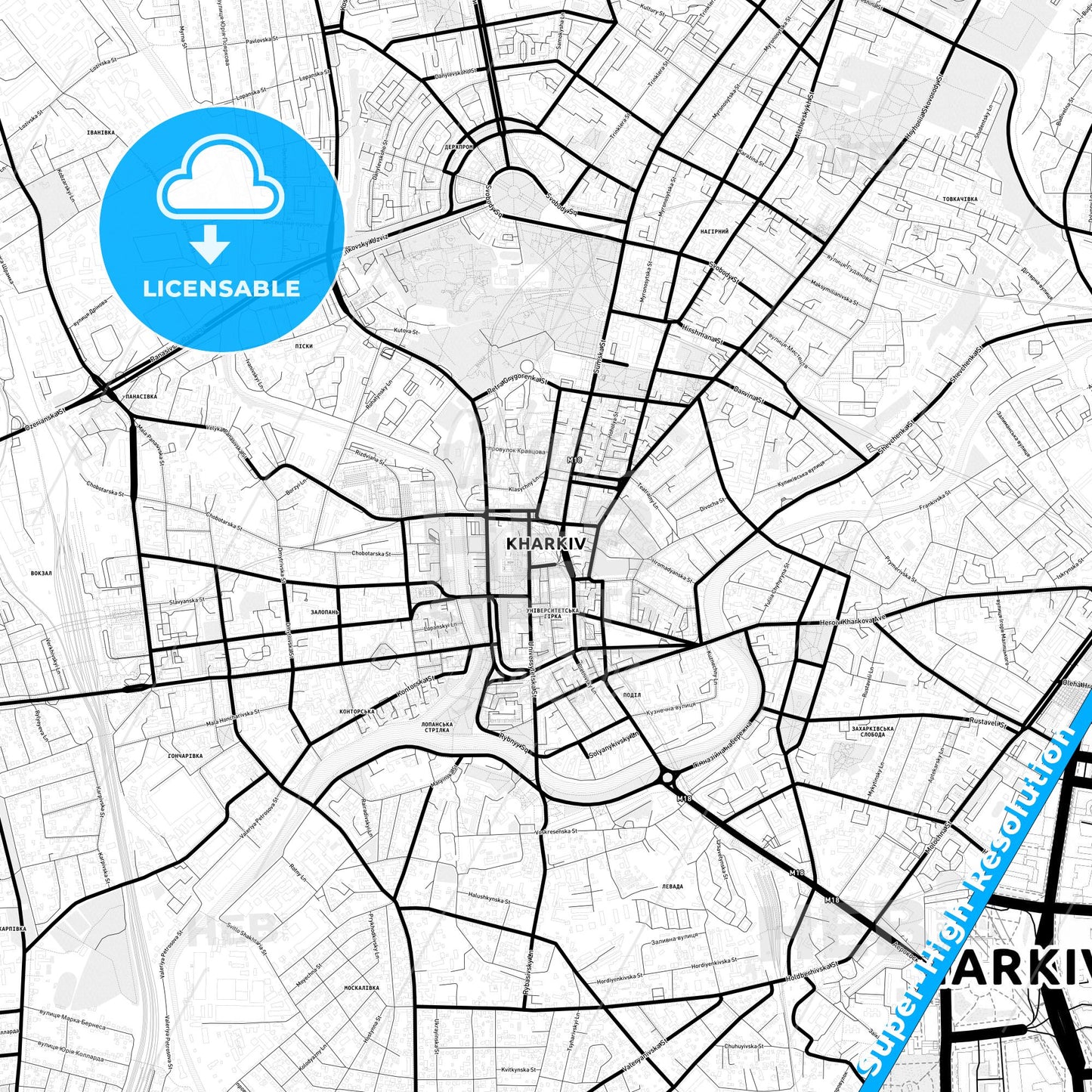 Kharkiv, Ukraine Light Map with Street Names, City Names, and Districts