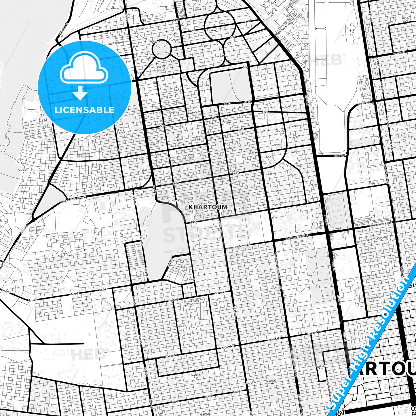 Khartoum, Sudan Light Map with Street Names, City Names, and Districts