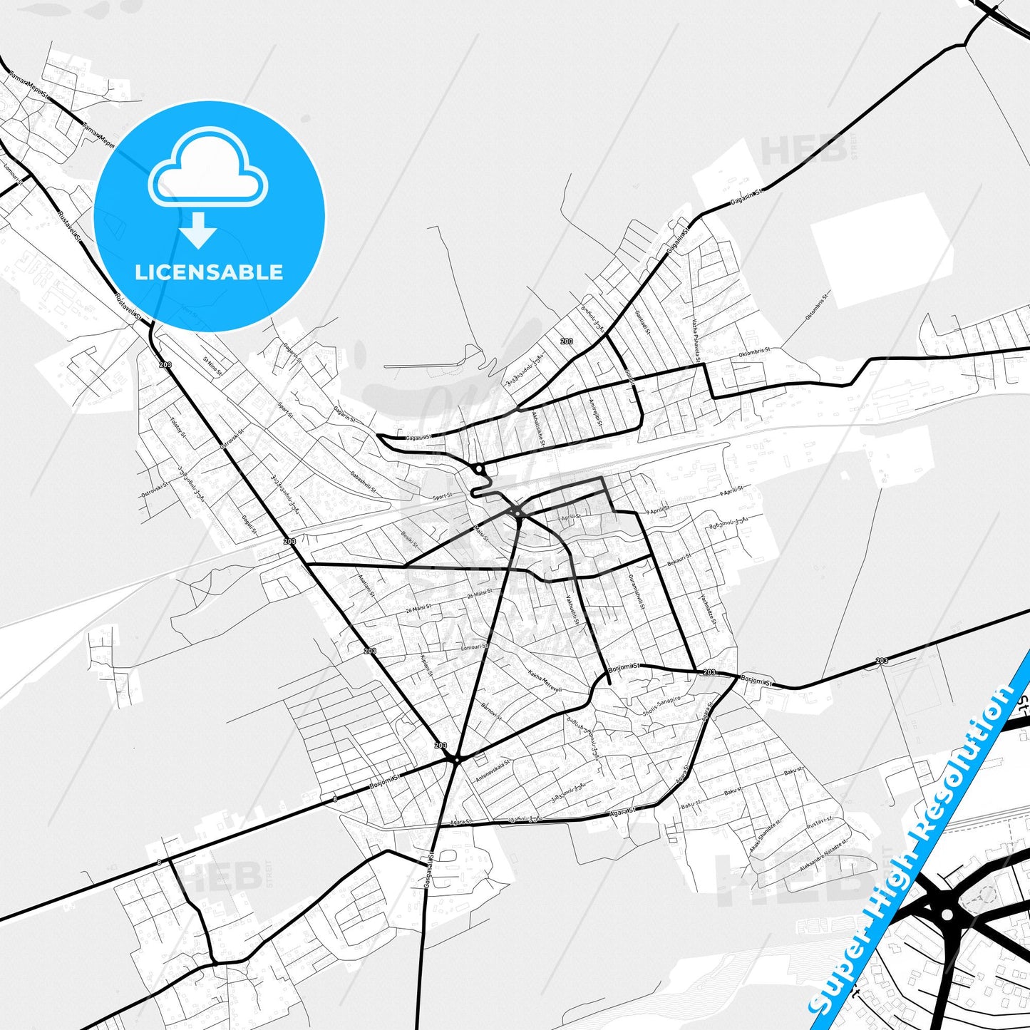 Khashuri, Georgia Light Map with Street Names, City Names, and Districts
