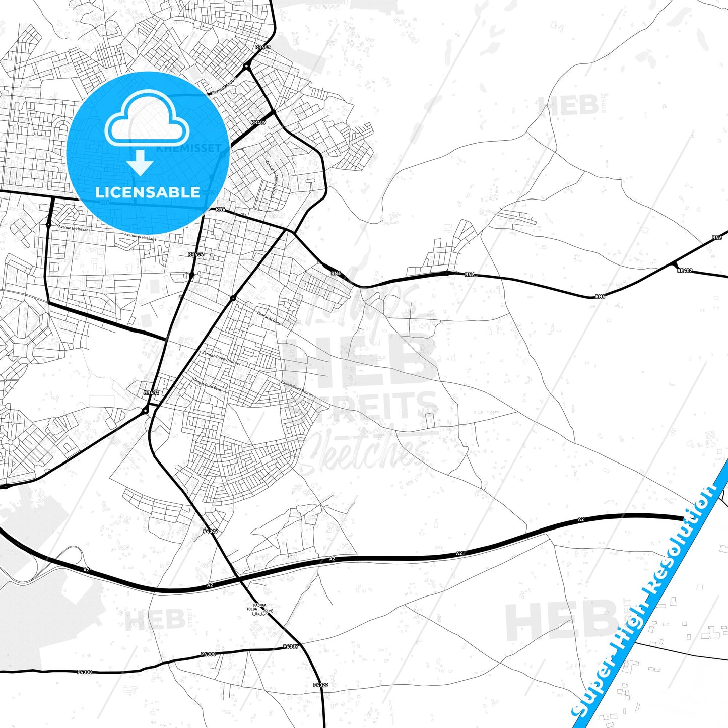 Khemisset, Morocco Light Map with Street Names, City Names, and Districts