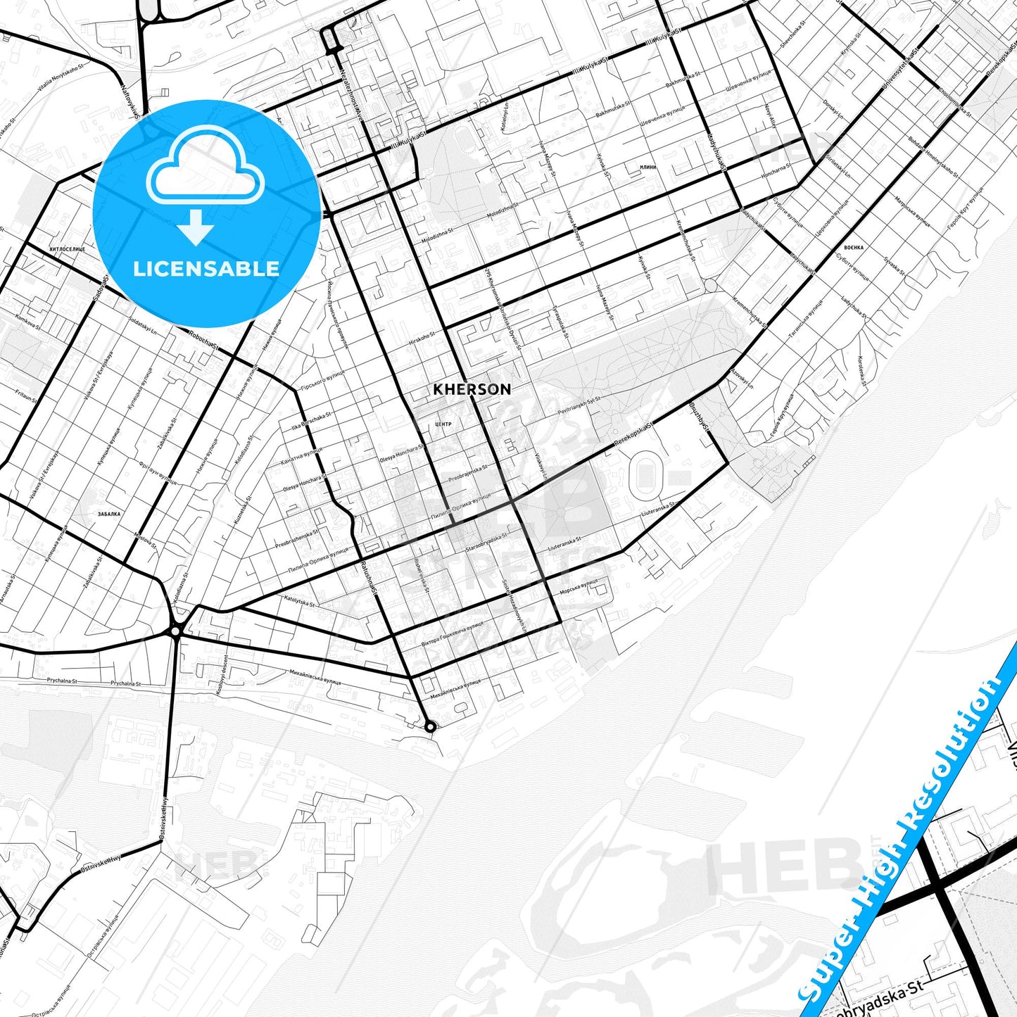Kherson, Ukraine Light Map with Street Names, City Names, and Districts