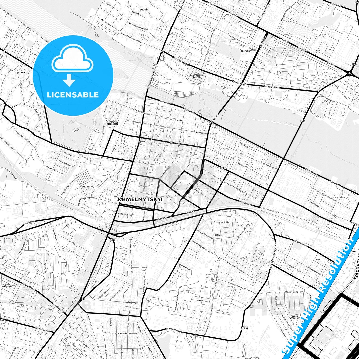 Khmelnytskyi, Ukraine Light Map with Street Names, City Names, and Districts