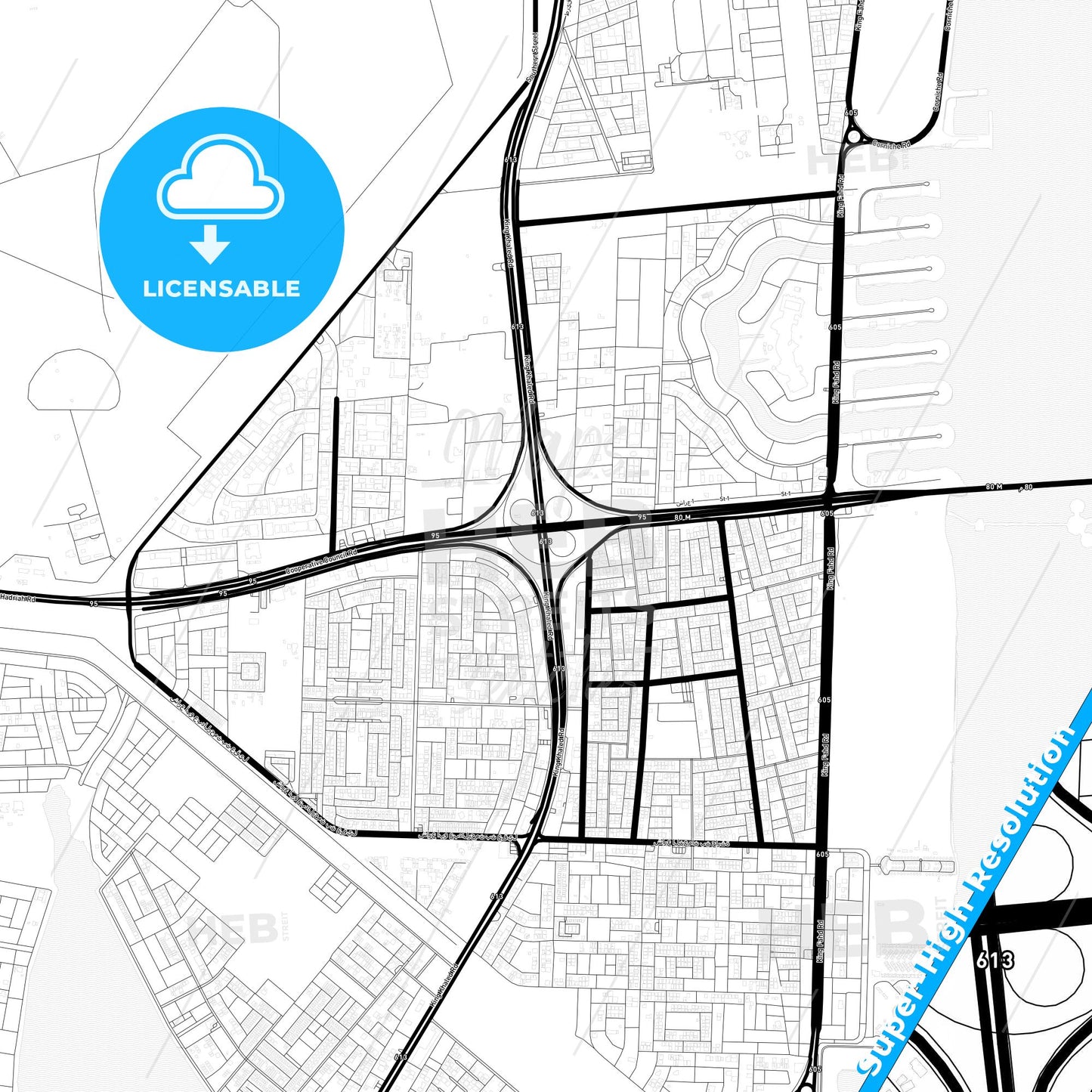 Khobar, Saudi Arabia Light Map with Street Names, City Names, and Districts