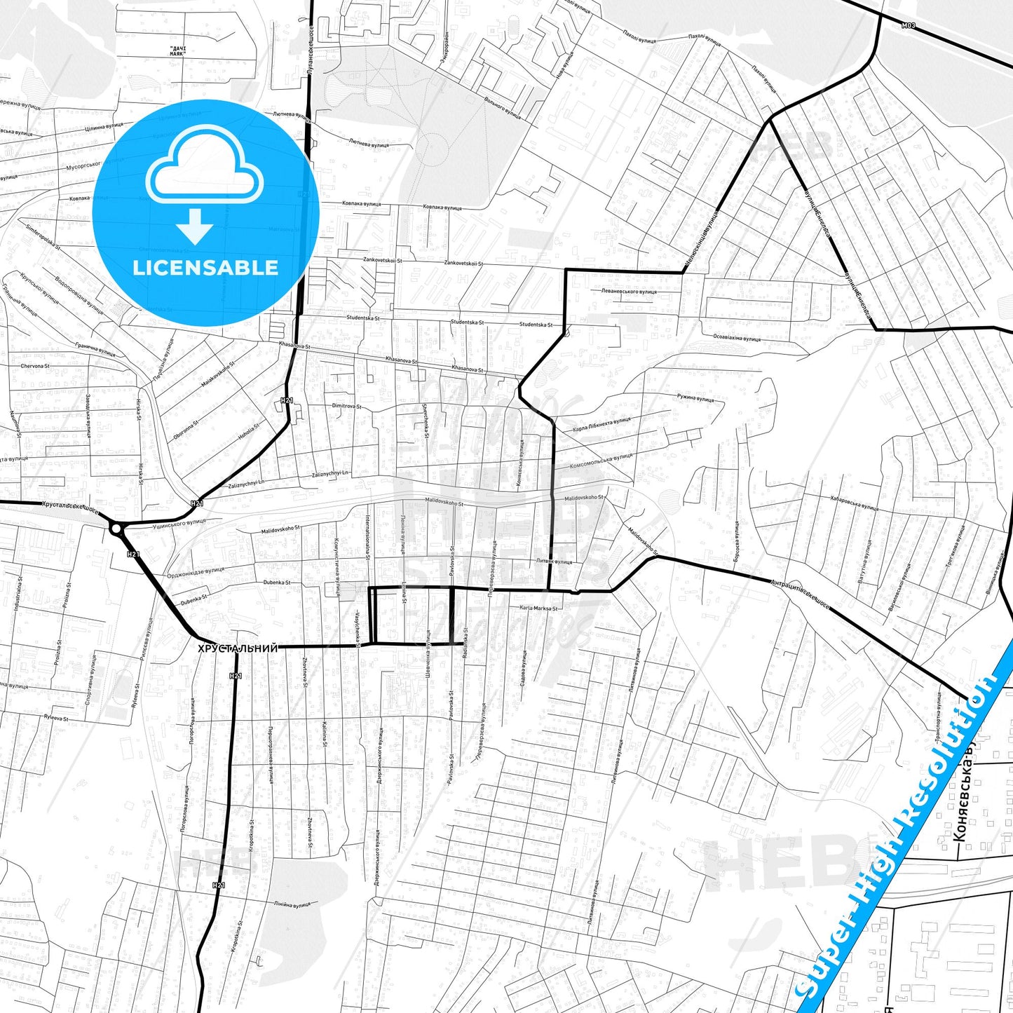 Khrustalnyi, Ukraine Light Map with Street Names, City Names, and Districts