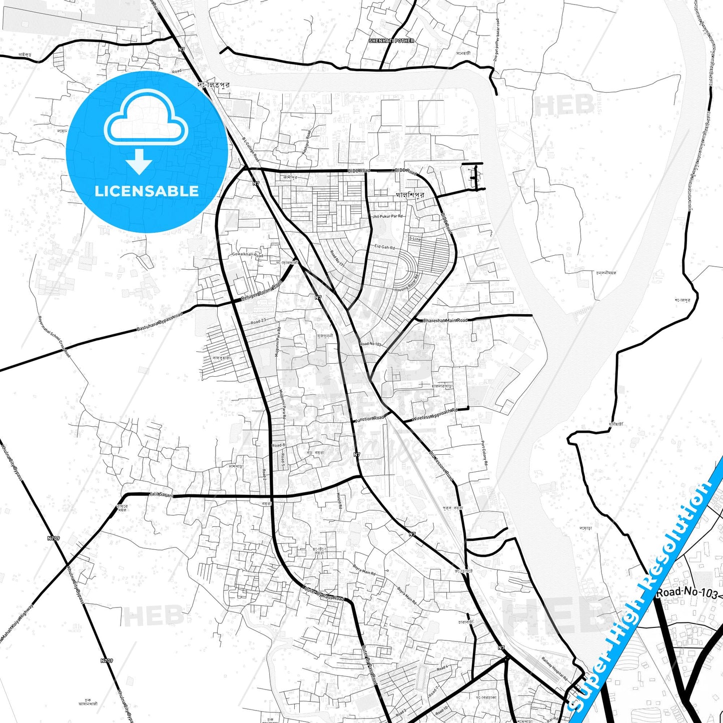 Khulna, Bangladesh Light Map with Street Names, City Names, and Districts